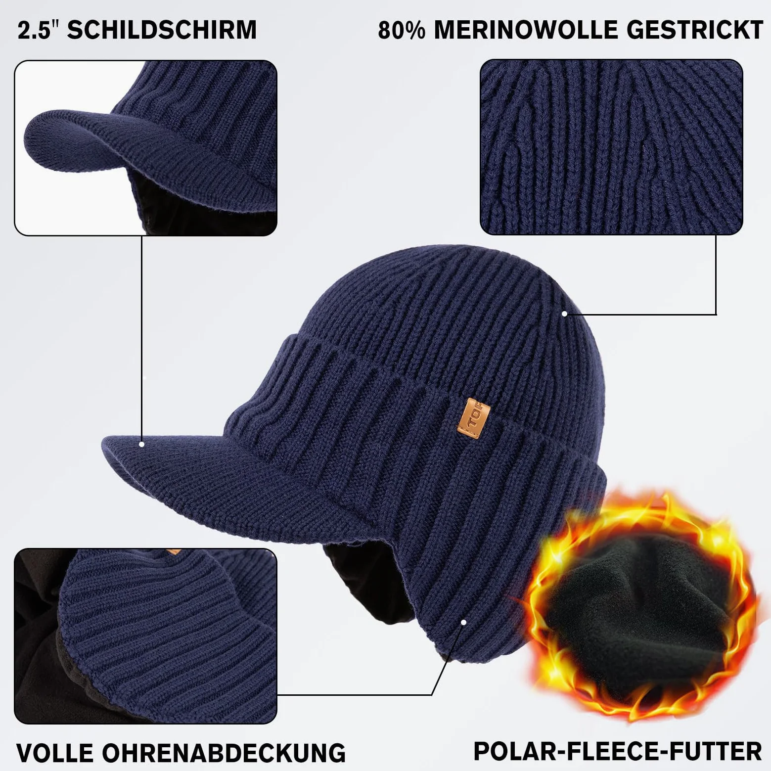 TOP-EX DryKnit wodoodporna czapka z daszkiem w 80% z wełny merynosów, zimowa czapka z dzianiny, z polarową podszewką i nausznikami, M-XXL
