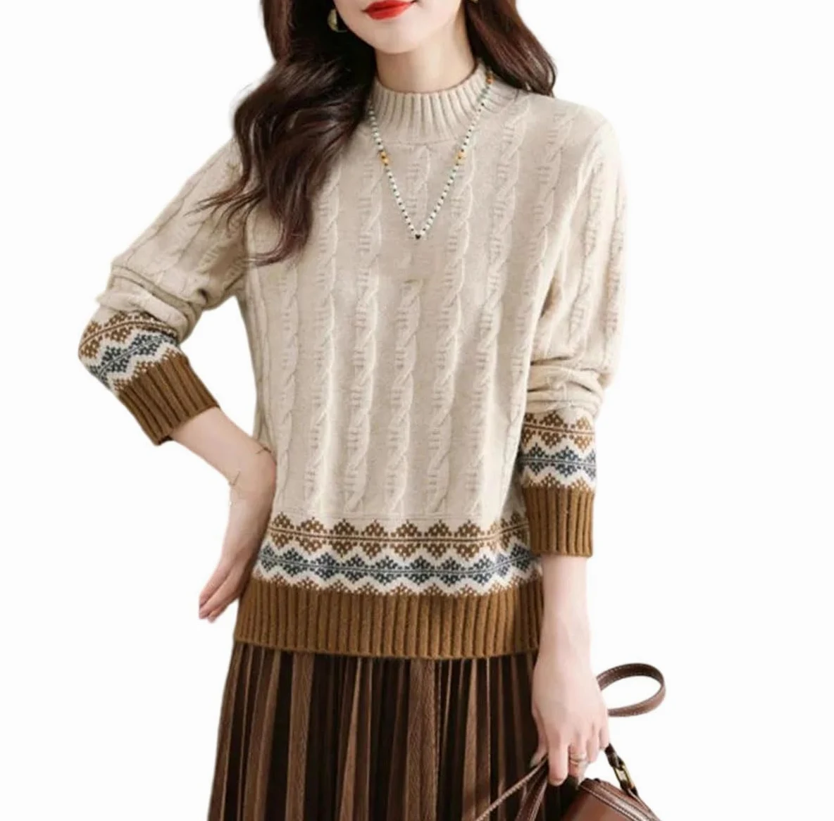 Sweter Damski Z Dzianiny, Pół-Wysoki Kołnierz, Wzór W Romby, Długi Rękaw, Swobodny, Ciepły, Luźny Top-Beige-Medium