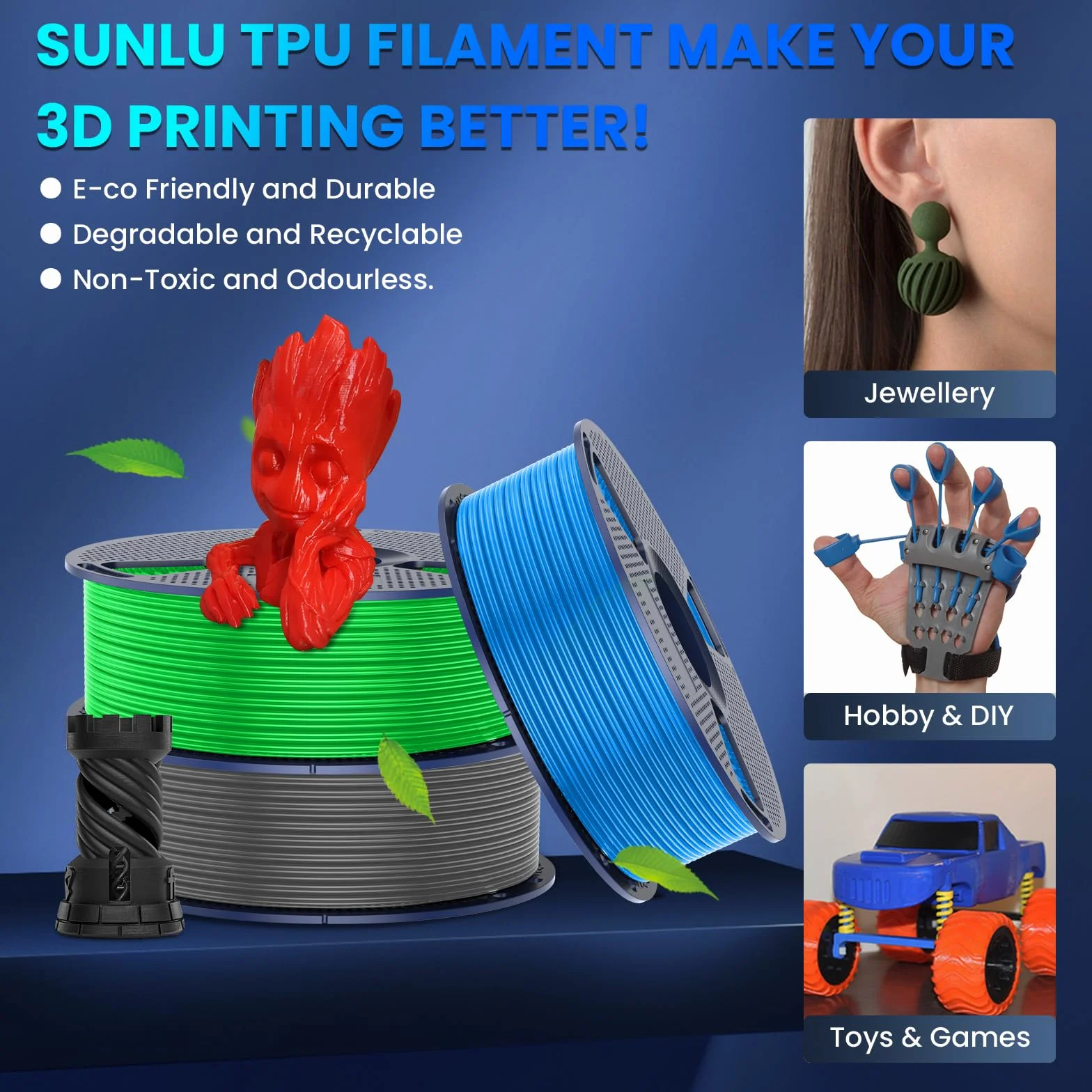 SUNLU TPU 3D Printer Filament 1,75mm, Szybki filament TPU 95A, 1KG elastyczny filament 3D do szybkiego drukowania, dokładność wymiarowa +/- 0,03 mm. (Zielony).