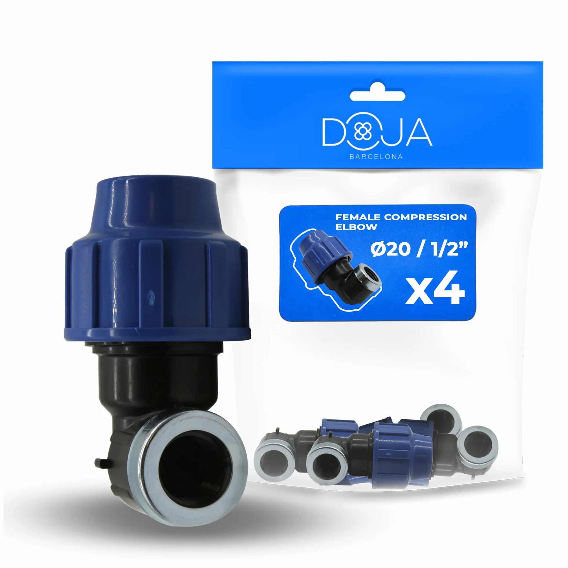DOJA Barcelona Złącze kolankowe MDPE żeńskie 90º - opakowanie 4-20x1/2" - część hydrauliczna do węża do wody pitnej, szybki montaż, wytrzymały, idealny system nawadniania ogrodowego i kompresyjnego