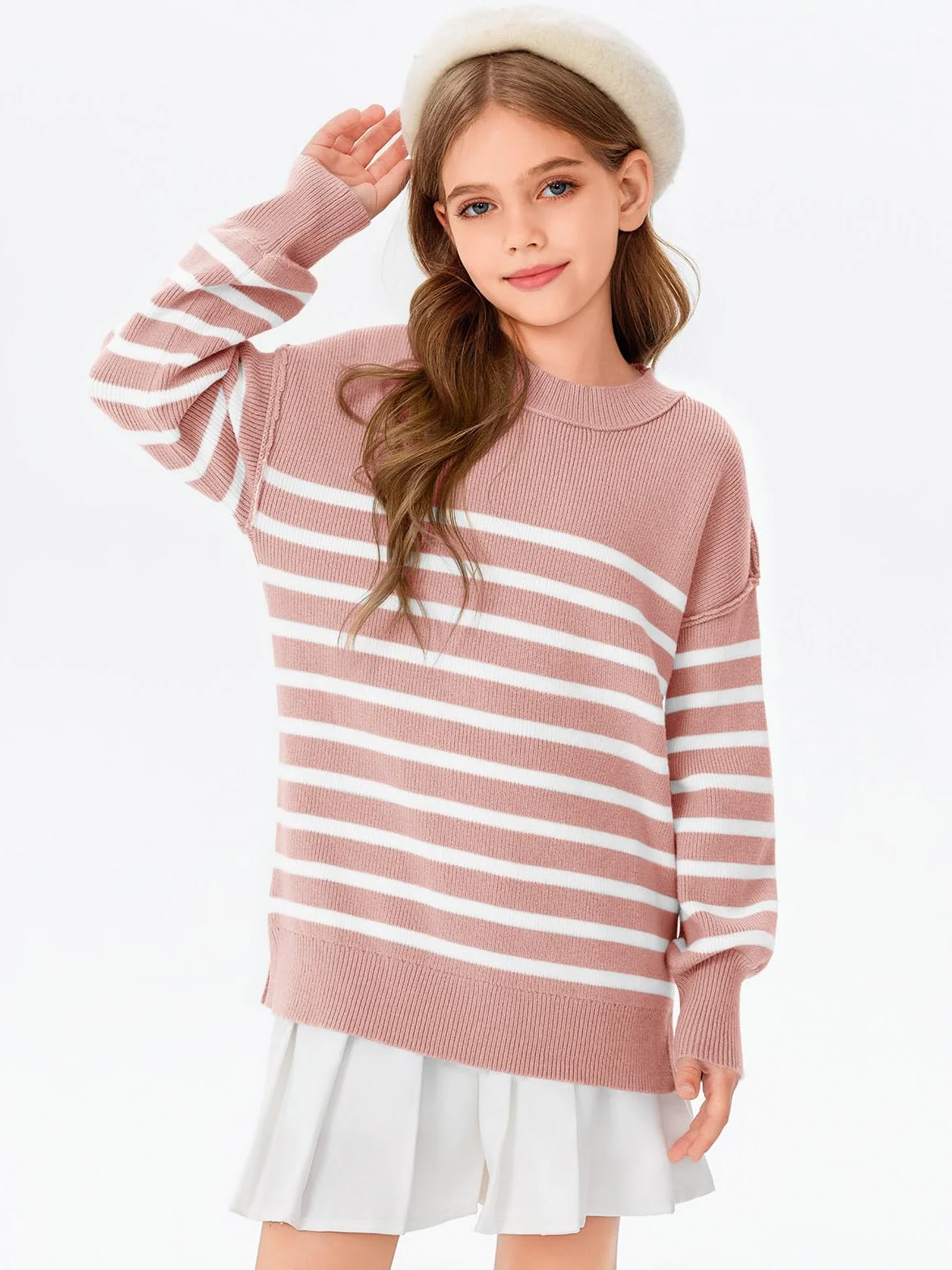 Dziewczęcy sweter w paski oversize z nietoperza na jesień i zimę