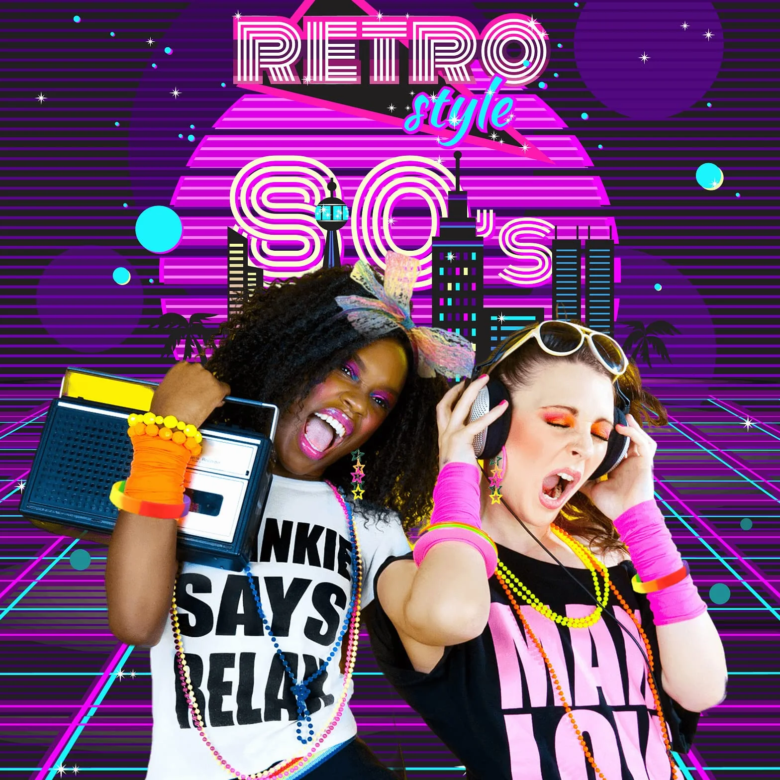 Przebranie w stylu retro w stylu lat 80. dla kobiet i dziewcząt, tęczowe akcesoria imprezowe z tutu, legginsy, rękawiczki, okulary, kolczyki, bransoletka, naszyjnik, opaska na głowę