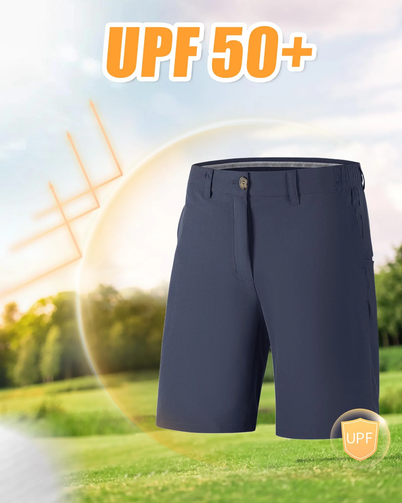 Outdoor Ventures Męskie szorty golfowe UPF 50+, elastyczne spodenki golfowe, lekkie, szybkoschnące, 20 cm, krótkie spodnie golfowe z 3 uchwytami na herbatę i kieszeniami do gry w golfa