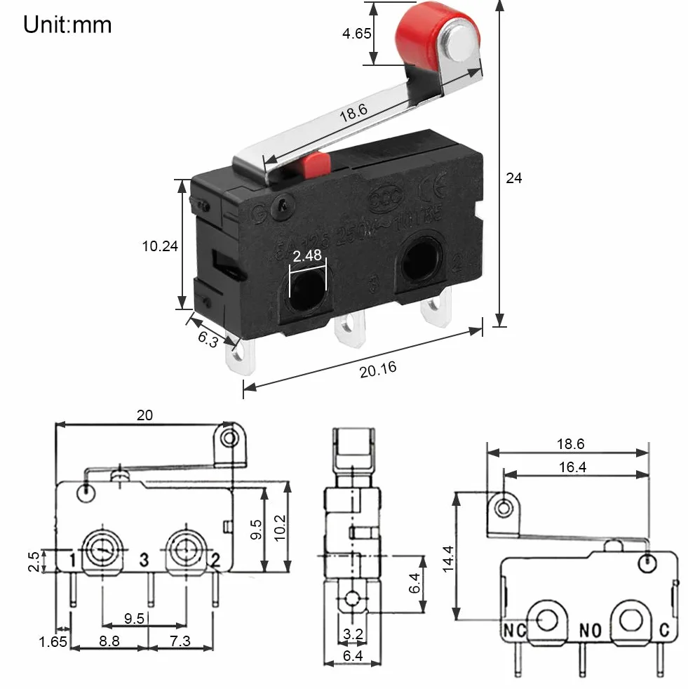 10 sztuk Micro Roller Limit Switch Chwilowy długi zawias szybkie działanie AC 250V 5A SPDT Snap Micro Quick Action Przełącznik