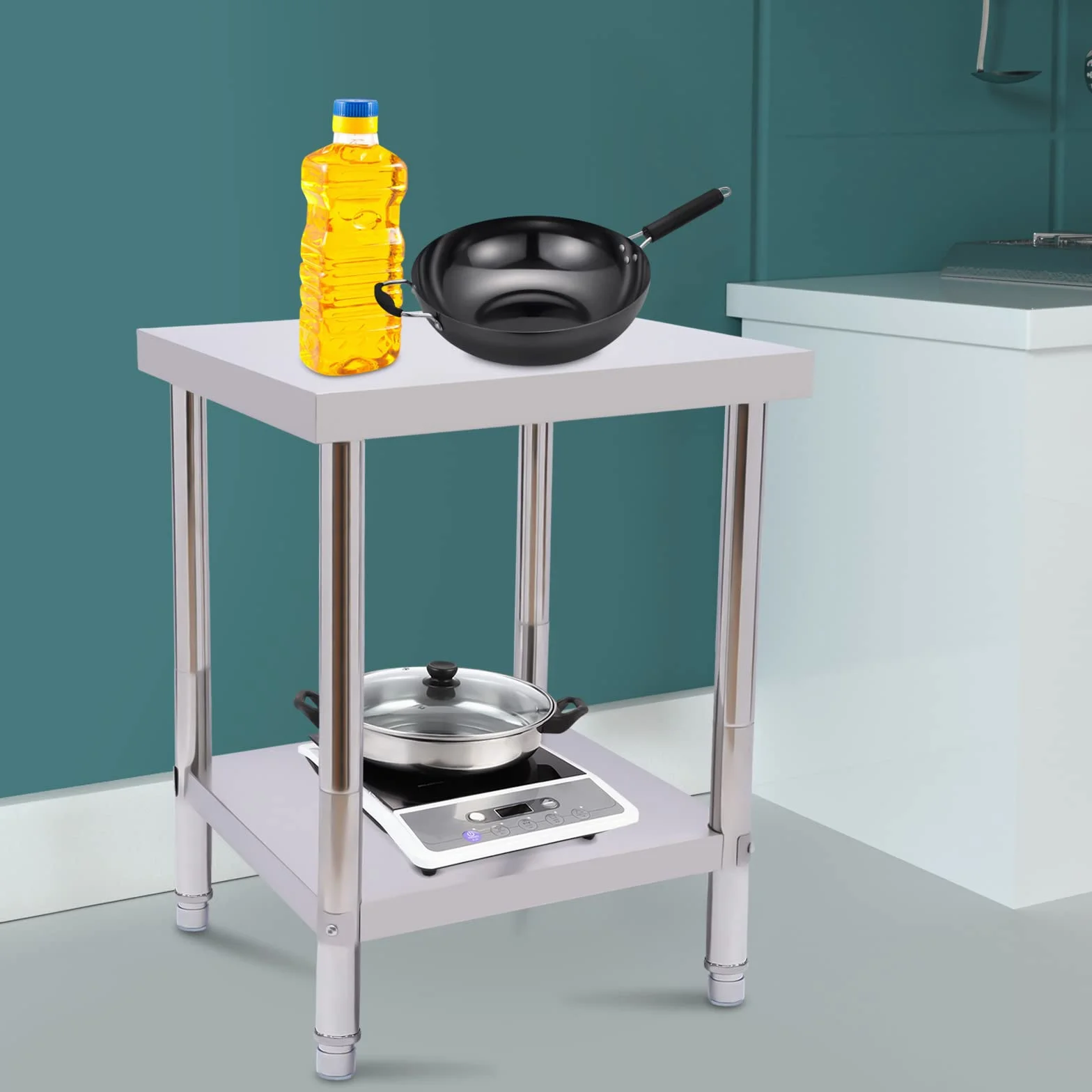 Stół ze stali nierdzewnej do kuchni, 60 x 45 x 80 cm, stół roboczy z regulowanymi nóżkami i rękawiczkami, stół kuchenny ze stali nierdzewnej, do 400 kg