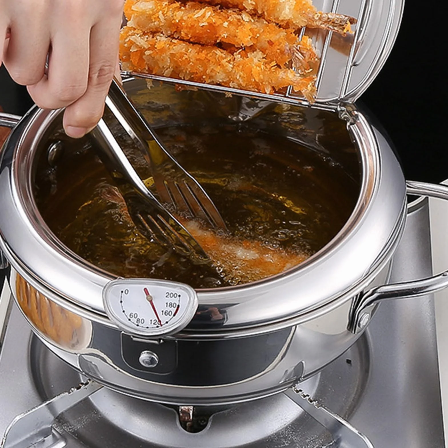 frytkownica, japoński garnek do smażenia Tempura, frytkownica z termometrem, mały garnek ze stali nierdzewnej, pokrywka i ociekacz do frytek, ryb krewetek (20 cm)