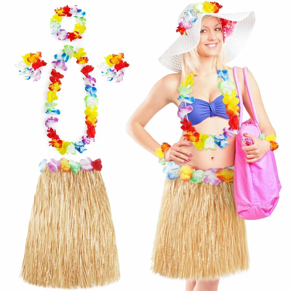 Aomig Hula Hawajska spódnica, 5 szt. Hawajska spódnica w kwiaty, kolorowe tropikalne kostiumy z wiązką, 40/60 cm Hawajskie kwiaty girlandy dla dzieci, dorosłych, kobiet letnia impreza na tropikalnej