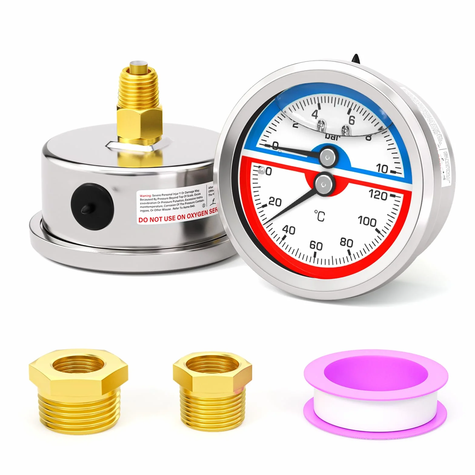 MEANLIN MEASURE 0~10 BAR/150 PSI ciśnieniomierz termiczny ze stali nierdzewnej 0~120℃ 1/4" BSP 2,5" FACE DIAL ciśnieniomierz napełniony płynem, z gniazdem sześciokątnym 1/2" BSP i gniazdem