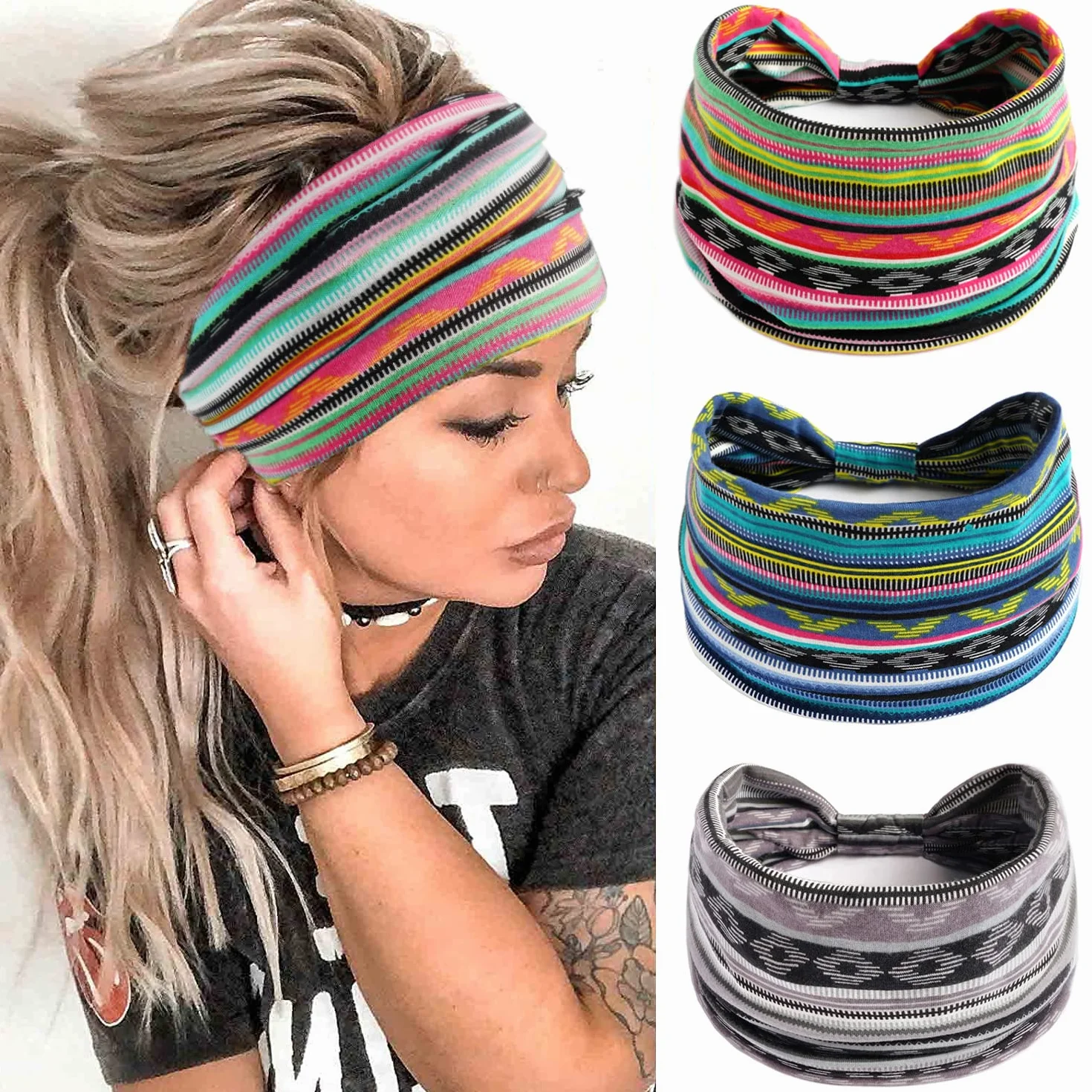 3 x szeroka opaska na czoło elastyczna opaska na włosy w stylu boho vintage opaska przeciwpotowa opaska na czoło do jogi dla kobiet i dziewcząt