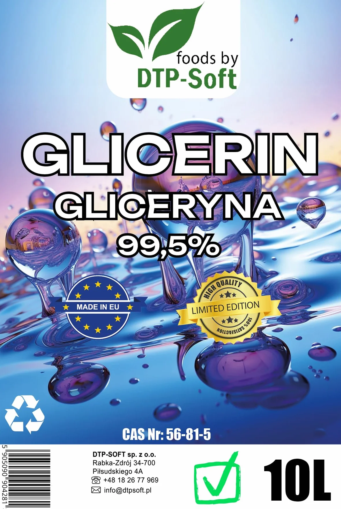 Gliceryna 99,5% 10L klasy farmaceutycznej czysta roślinna kanister