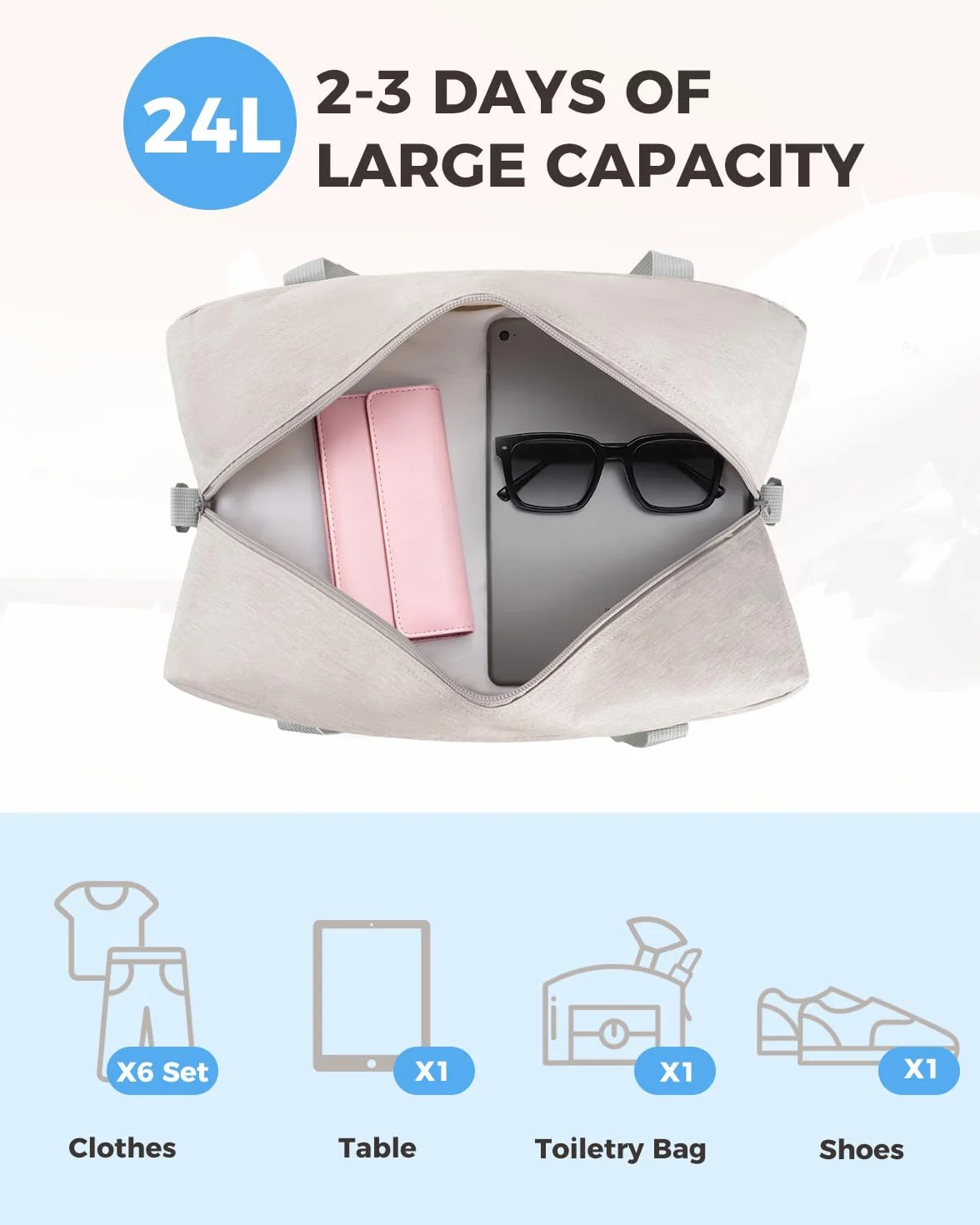 WANDF Bagaż Podręczny do Samolotu Składany Ryanair 40x20x25cm Torba Sportowa, Szpitalna, Weekendowa (Denim Beżowy 20l z Paskiem na Ramię)