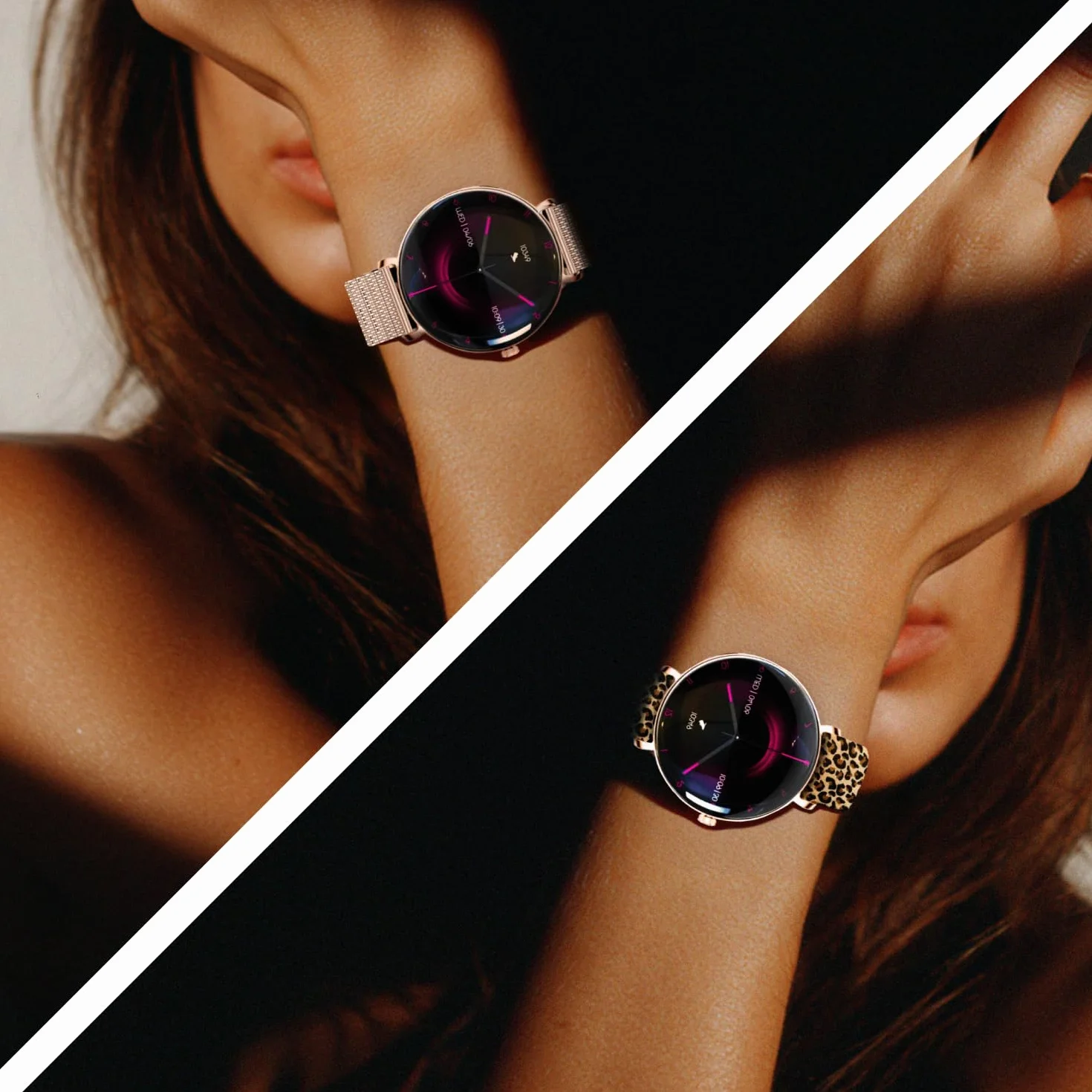 Forever Smartwatch Lucca SB-370 - Zegarek Damski z Funkcją Dzwonienia, Wodoodporny, Sportowy, Kobiecy Dodatek, Dwa Paski, Modny Wzór Panterka, Rosegold, Zegarek na Ręke