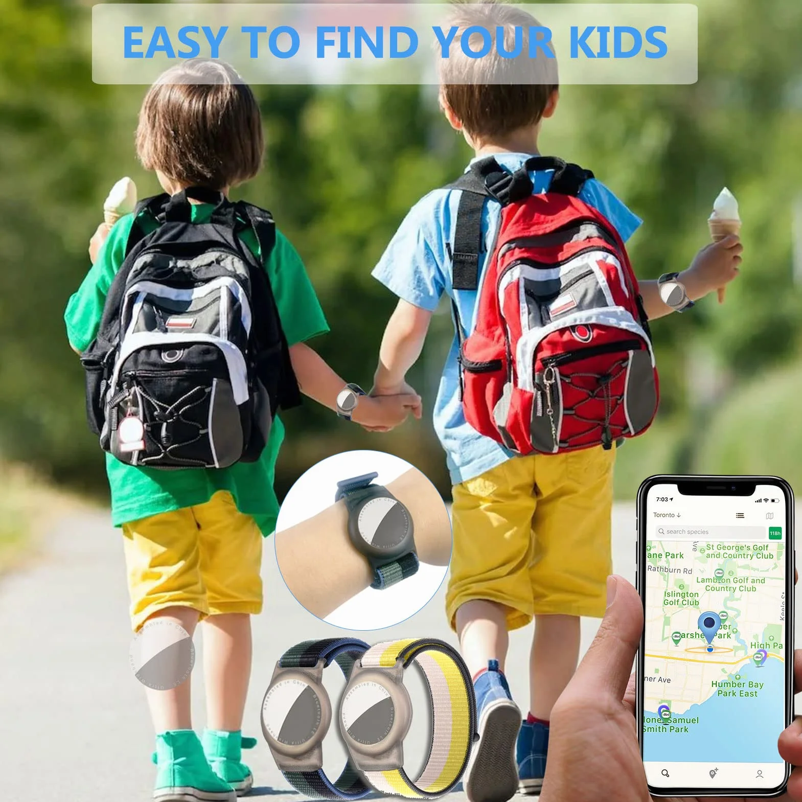 2 sztuki nylonowy pasek do zegarka dla dzieci, dla dzieci Anti-Lost Anti-Scratch Protection do pozycjonowania pasek dpaska do śledzenia Airtag wodoodporna (zielony + żółty)
