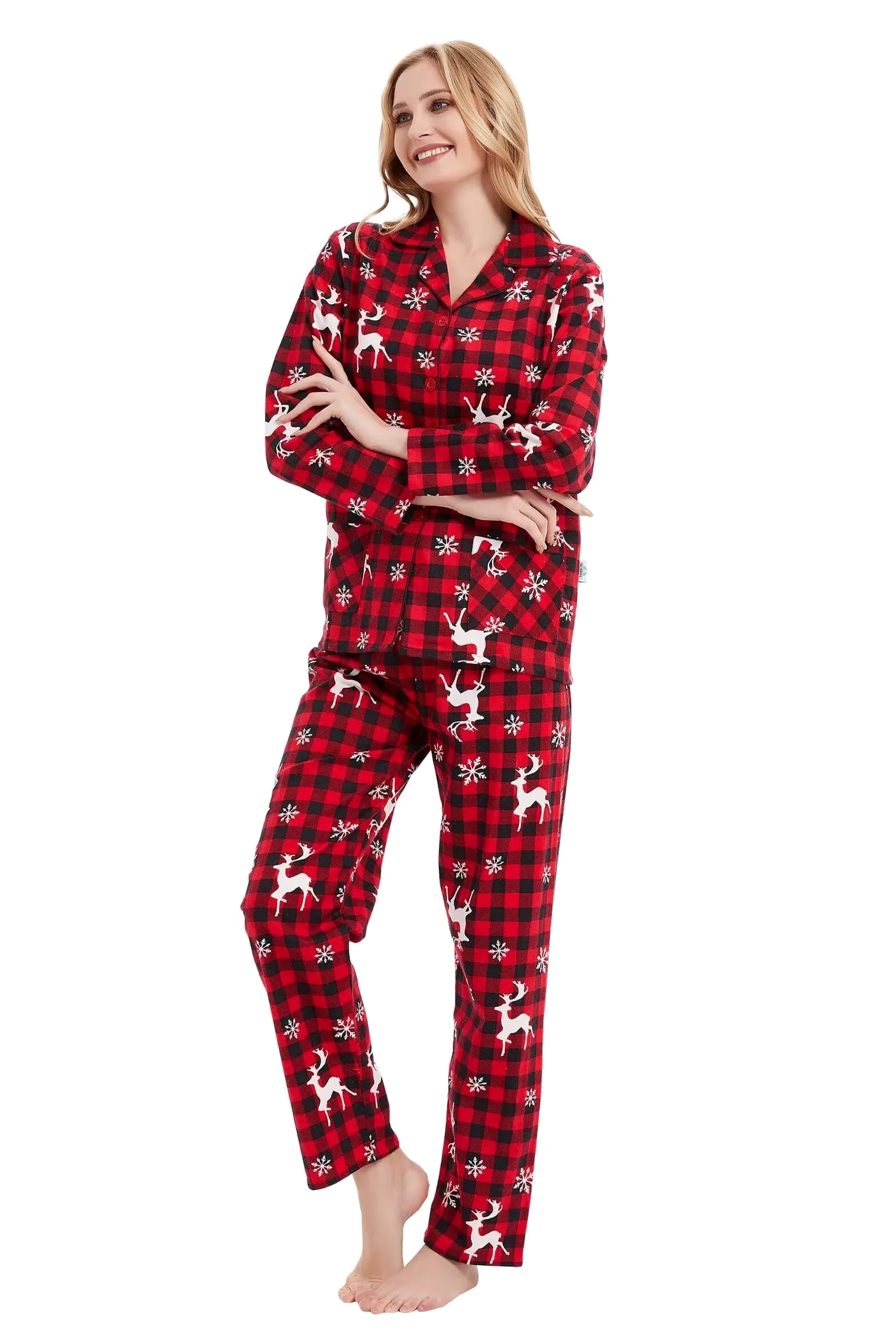 GLOBAL Schlafanzüge Damen Flanell | Baumwolle Damen Pajama Set | Zweiteiliger Nachtwäsche Damen Pjs Set Lang | Knopfleiste vorne und Kordelzug