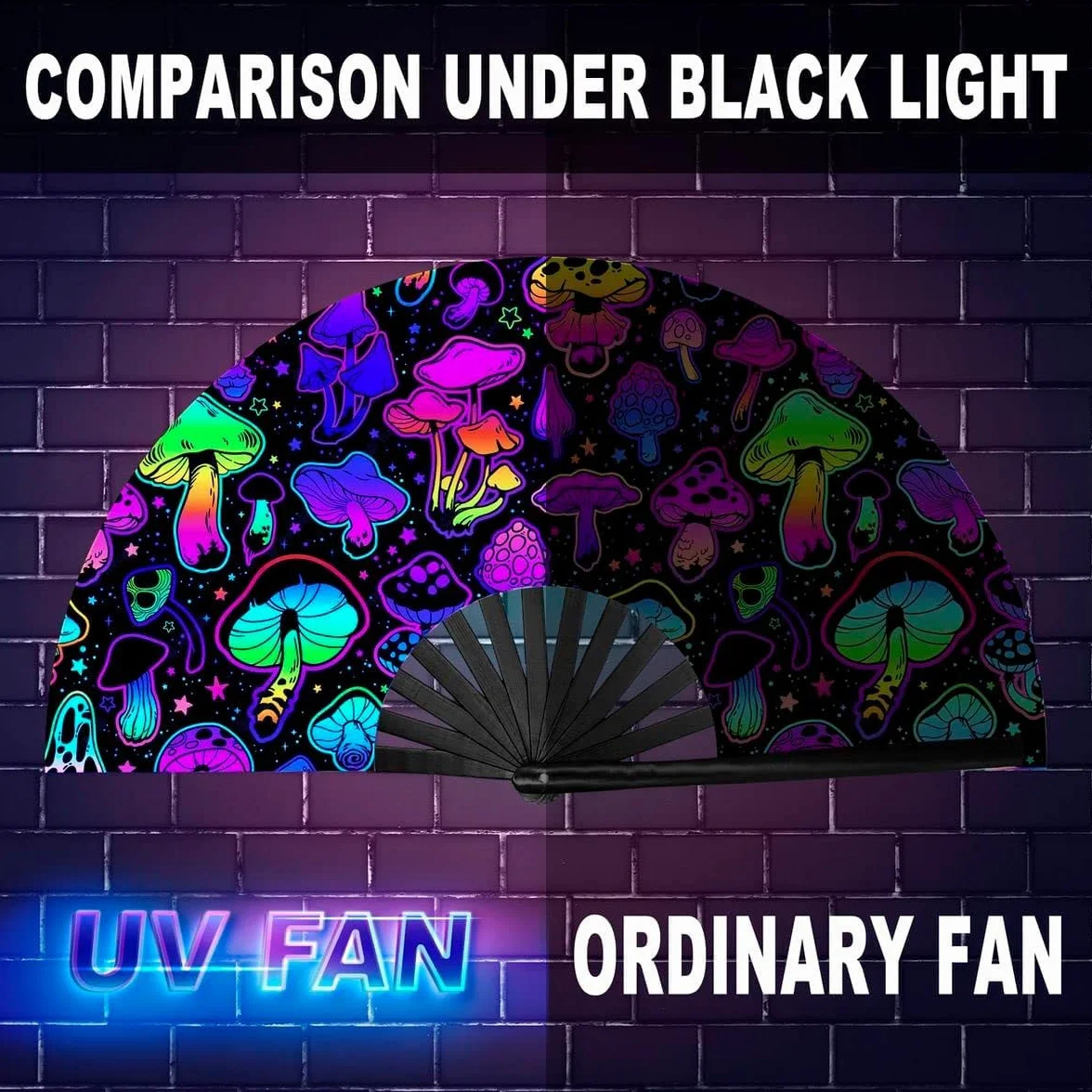 UV Glow Rave składany wachlarz ręczny do rave, duży wachlarz do tańca, drag queene, na imprezę, festiwal muzyczny, festiwal, występ, karnawał, prezent ślubny
