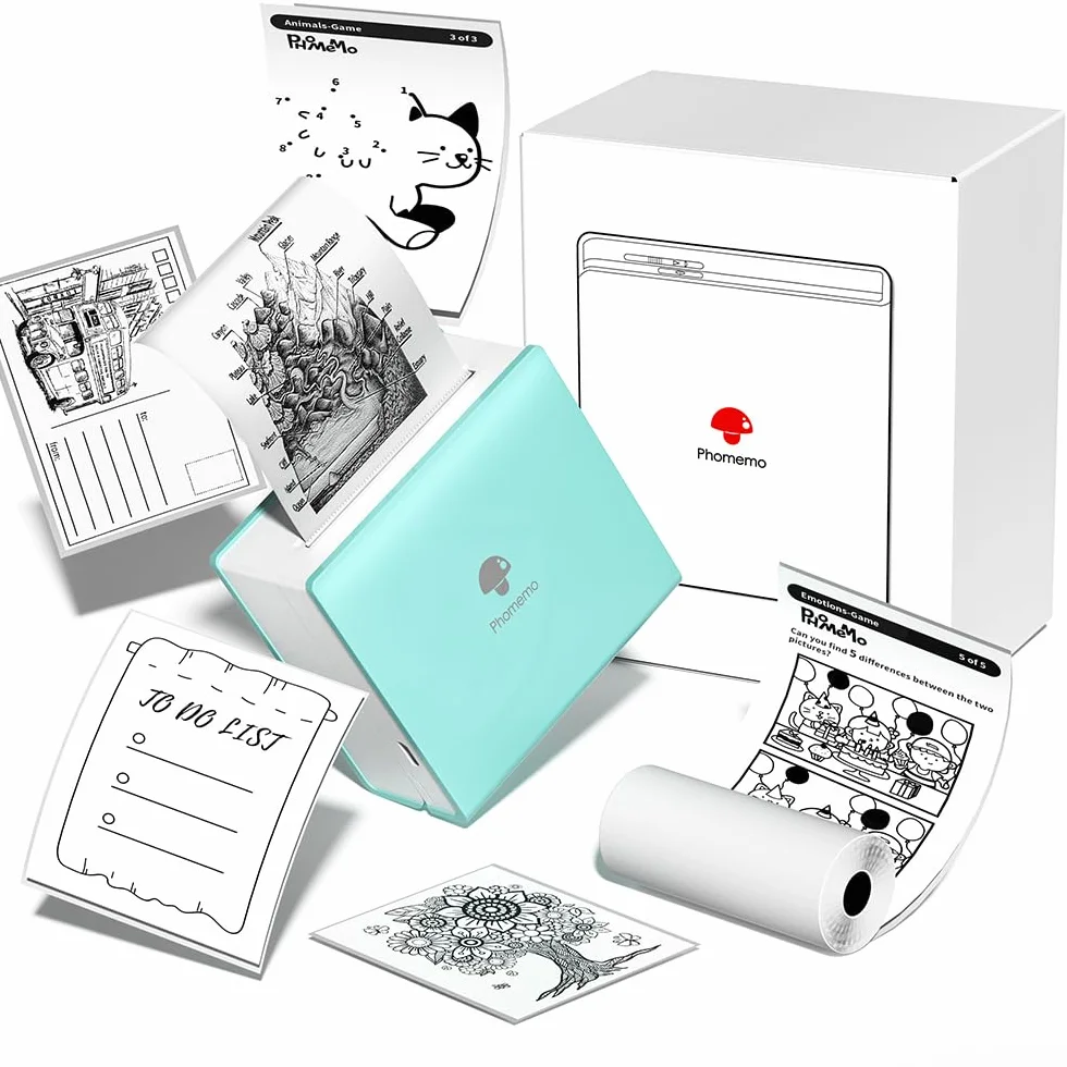 Phomemo Pocket Printer M02 Mini Drukarka do Naklejek, Termiczna Drukarka do Zdjęć Natychmiastowych, Mała Bezprzewodowa Drukarka do Zdjęć Bluetooth, Zielona