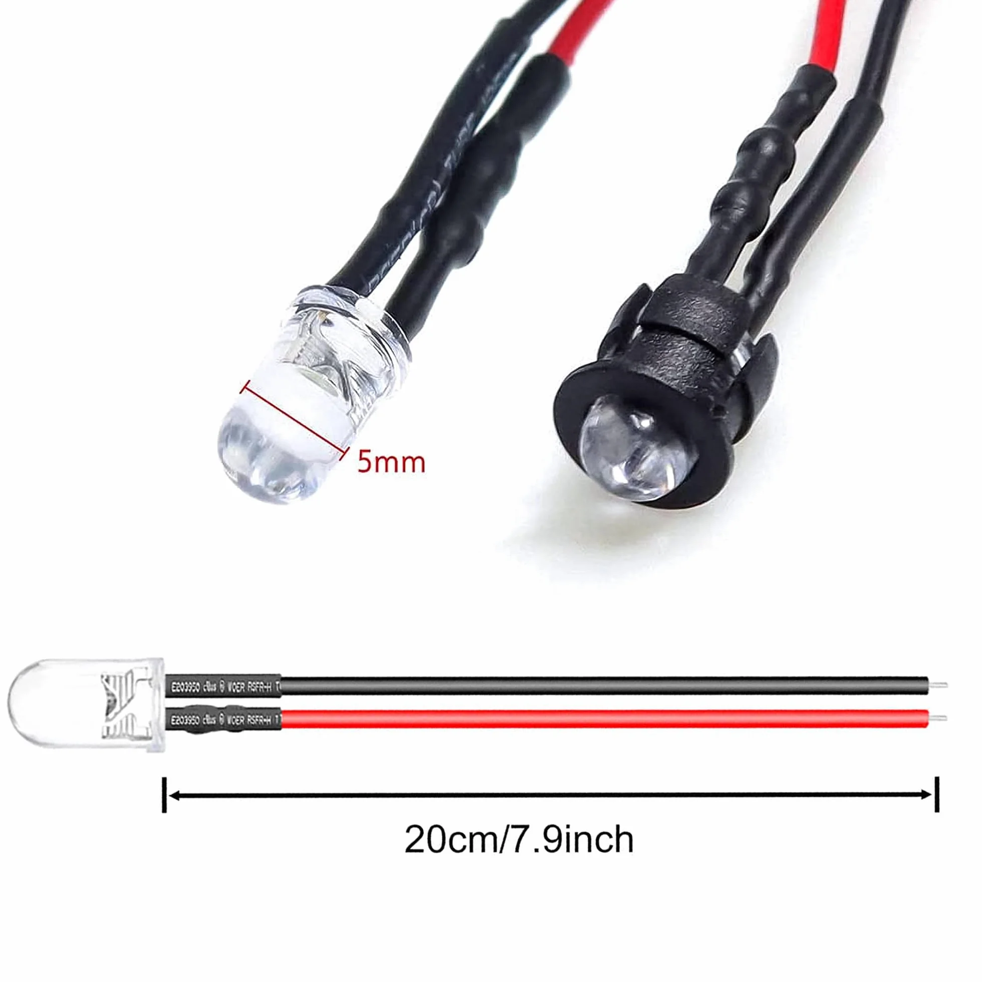 50 sztuk wstępnie okablowanych mini diod LED 5 mm DC 12 V, zestaw diod LED, oświetlenie modelarskie, wielokolorowe, białe, czerwone, niebieskie, zielone, żółte Lewttyer