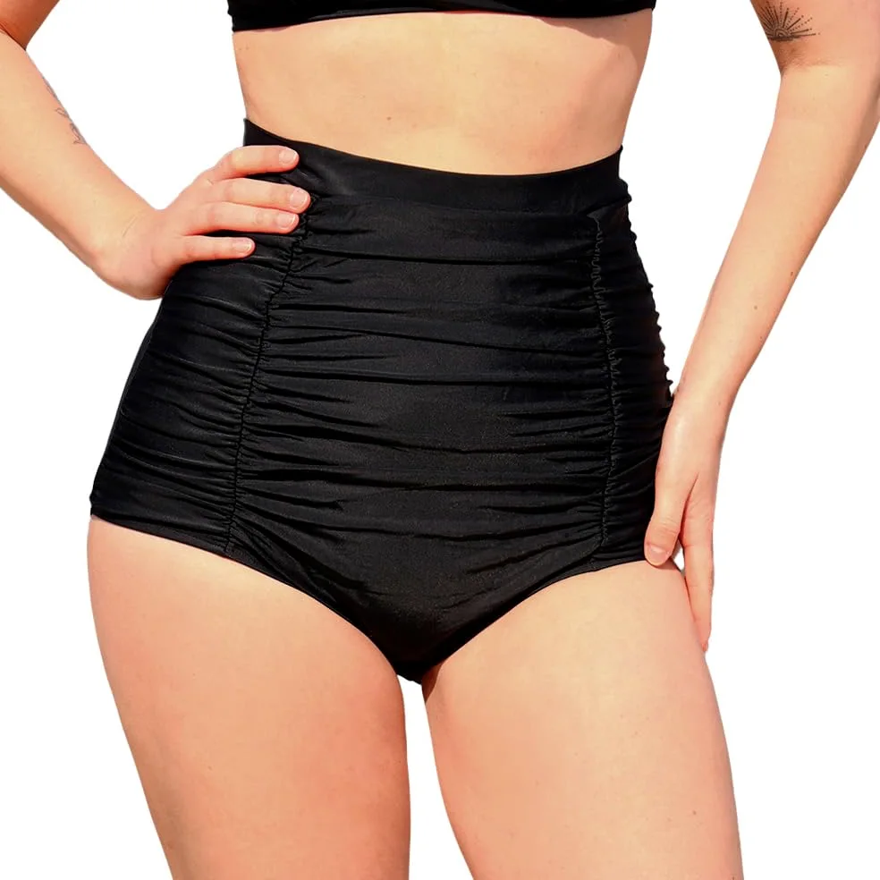 MYLILY Spodnie bikini damskie Shape z falbankami, czarne | Dół od bikini z wysokim stanem | Spodnie bikini wyszczuplające damskie | Bikini z efektem modelującym