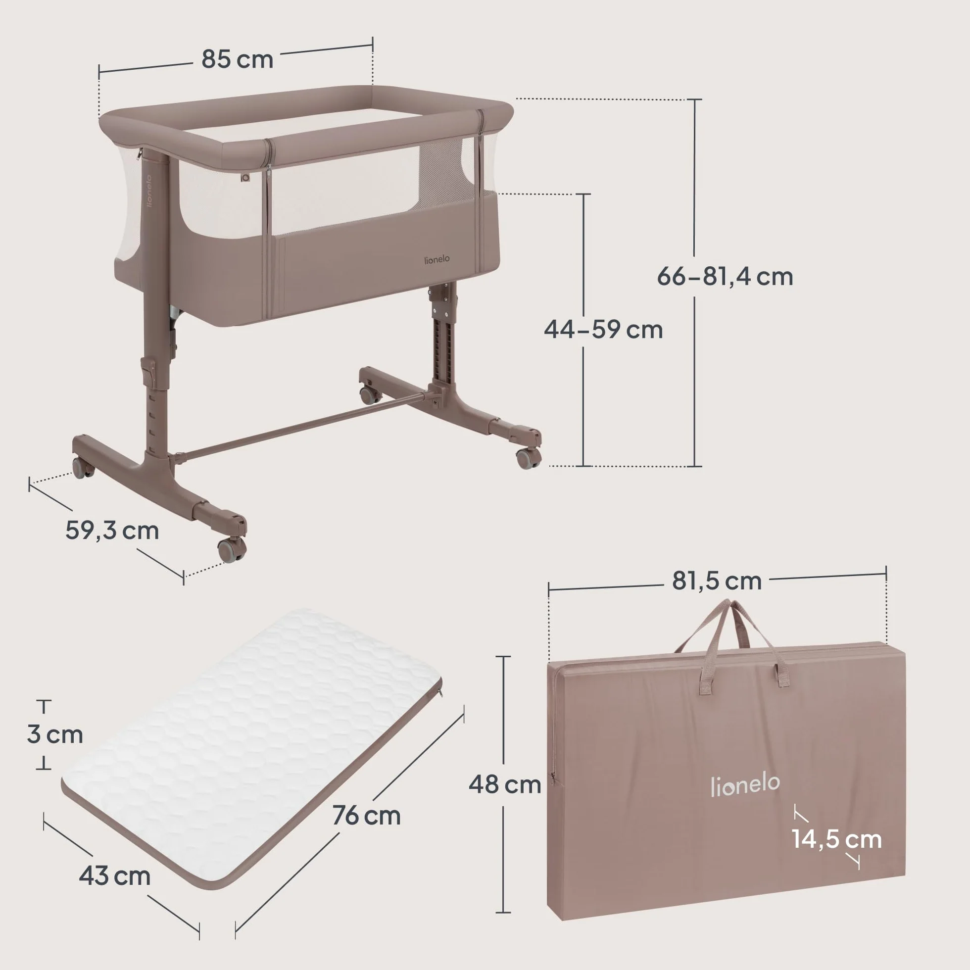 LIONELO Aurora 3 w 1 Łóżeczko Dziecięce do 9 kg, Łóżko Dostawne, Kołyska, Regulacja Wysokości oraz Kąta Nachylenia Materaca, 4 Kółka z Hamulcem Ergonomiczny Materac Torba (Szary)