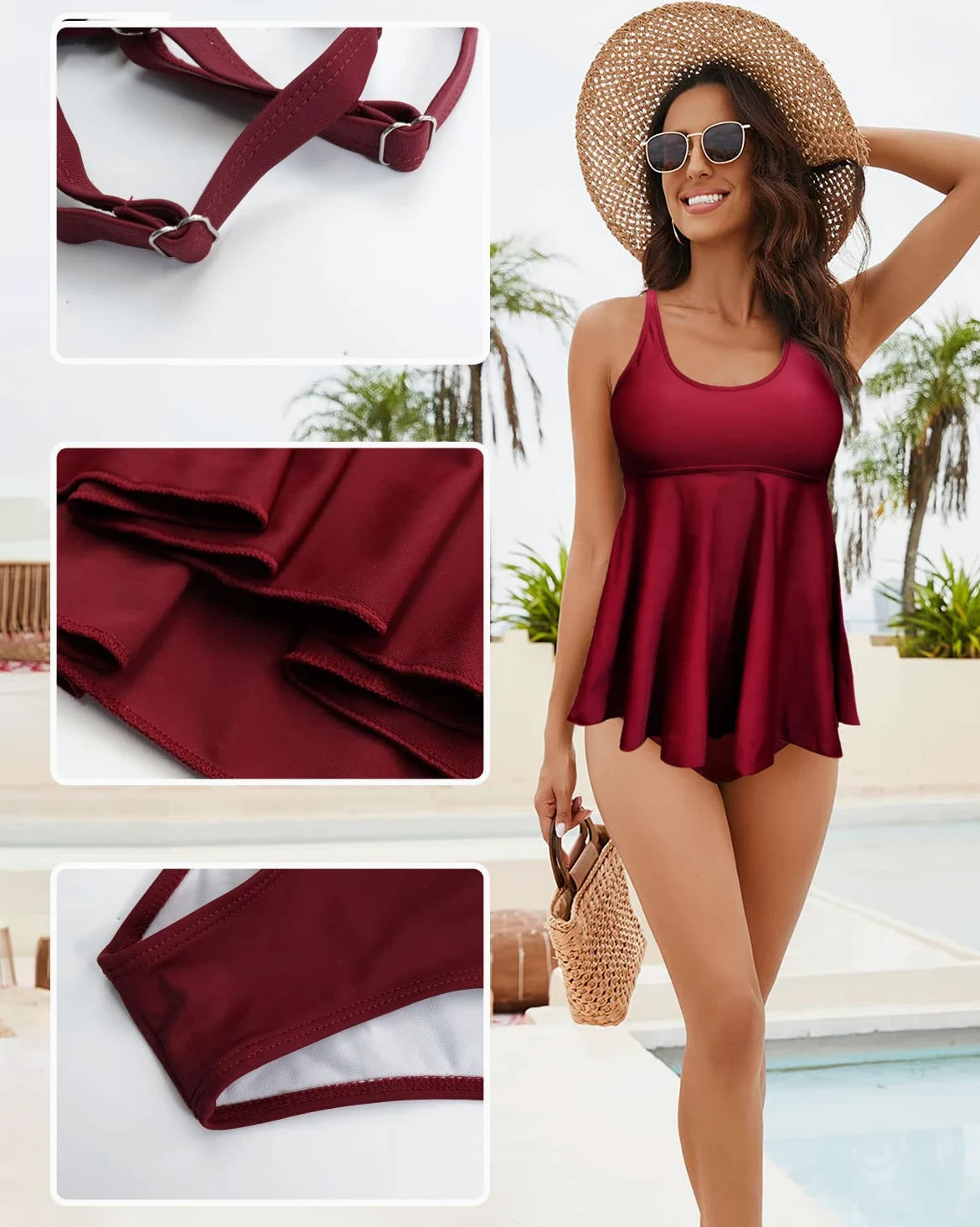 JFAN Stroje kąpielowe Damskie 2 Kawałki Tankini Okrągły Dekolt Bikini Góra i Dół Stroje kąpielowe Kobiety Reduktor Brzucha Duże Rozmiary