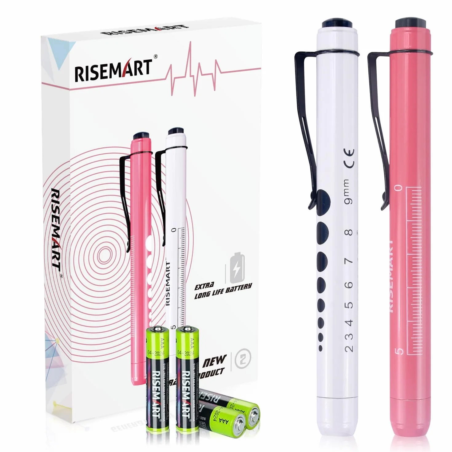 RISEMART lampa diagnostyczna LED, 2 sztuki, wielokrotnego użytku, z klipsem do kieszeni, jako pielęgniarki, lekarze, studenci, lampka na długopis z 4 bateriami (różowa i biała)