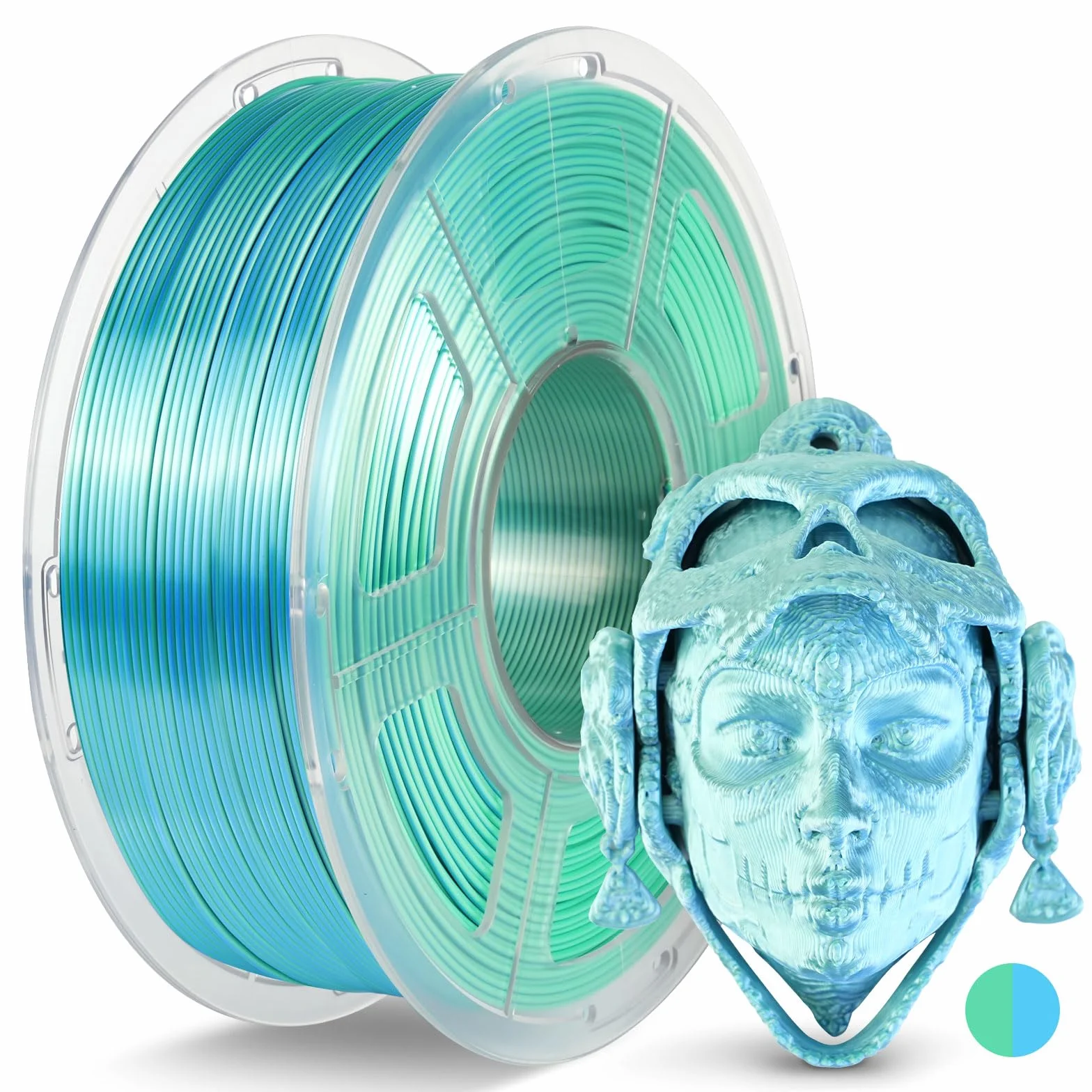JAYO Filament PLA SILK 1,75 mm 1,1 KG, podwójny kolor filament jedwabny PLA niebieski+zielony, błyszcząca jedwabista powierzchnia, zmiana koloru 360°, dokładność +/-0,02 mm, kompatybilny ze wszystkimi