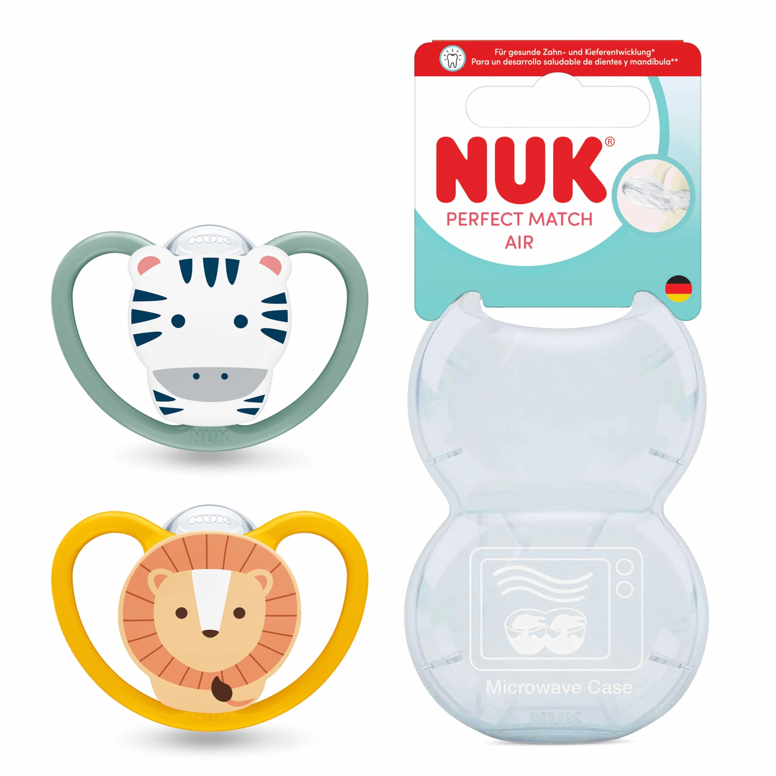 NUK Perfect Match Air Smoczki | 6-18 miesięcy | Ortodontyczne smoczki wspomagające przepływ powietrza i zapobiegające odparzeniom | 95% akceptacji przez niemowlęta** | Lew i Zebra | 2 sztuki