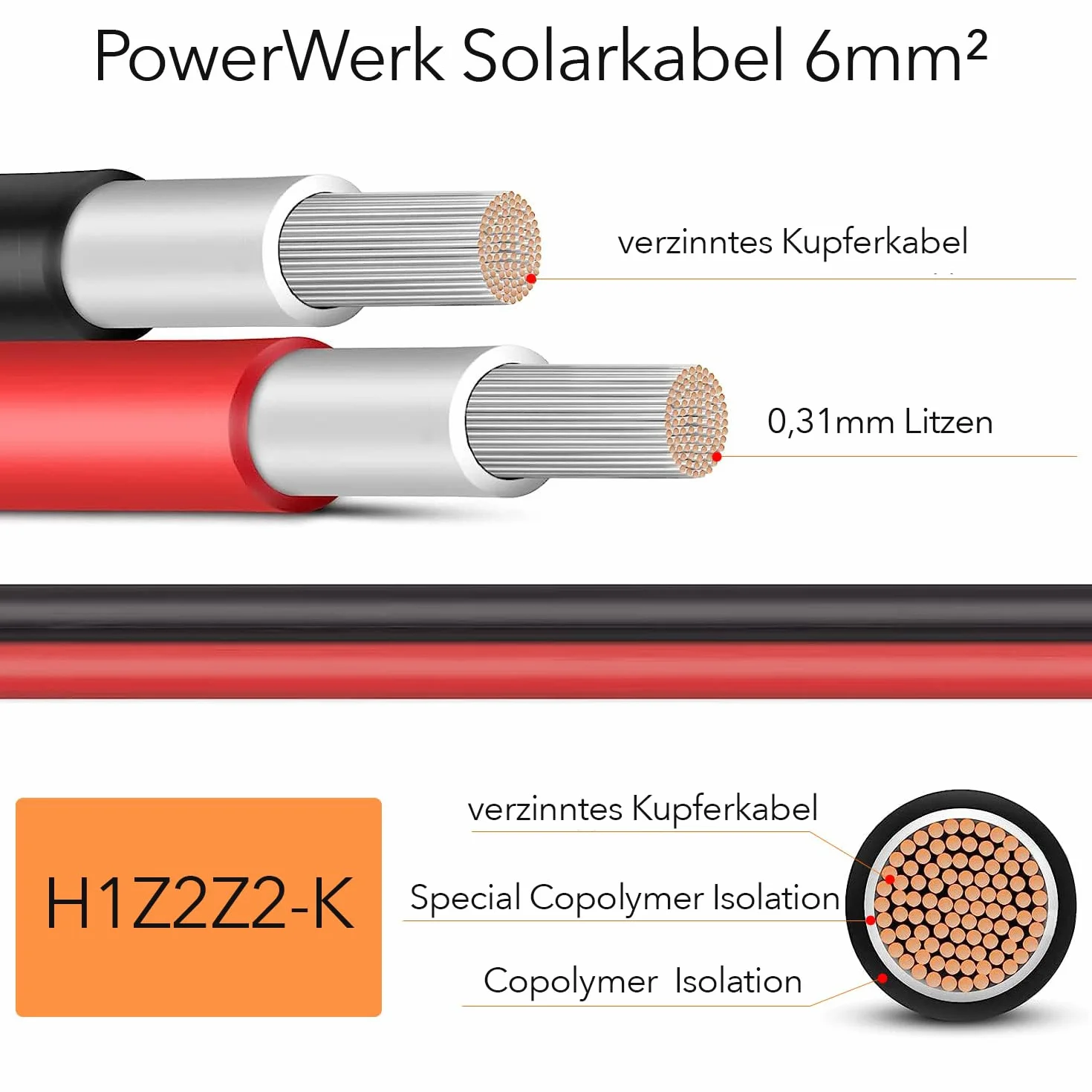 Kabel solarny 6 mm² czerwony – 20 m – odporny na promieniowanie UV, elastyczny, fotowoltaiczny, kabel PV, kabel przyłączeniowy do panelu słonecznego, falownika i regulatora ładowania
