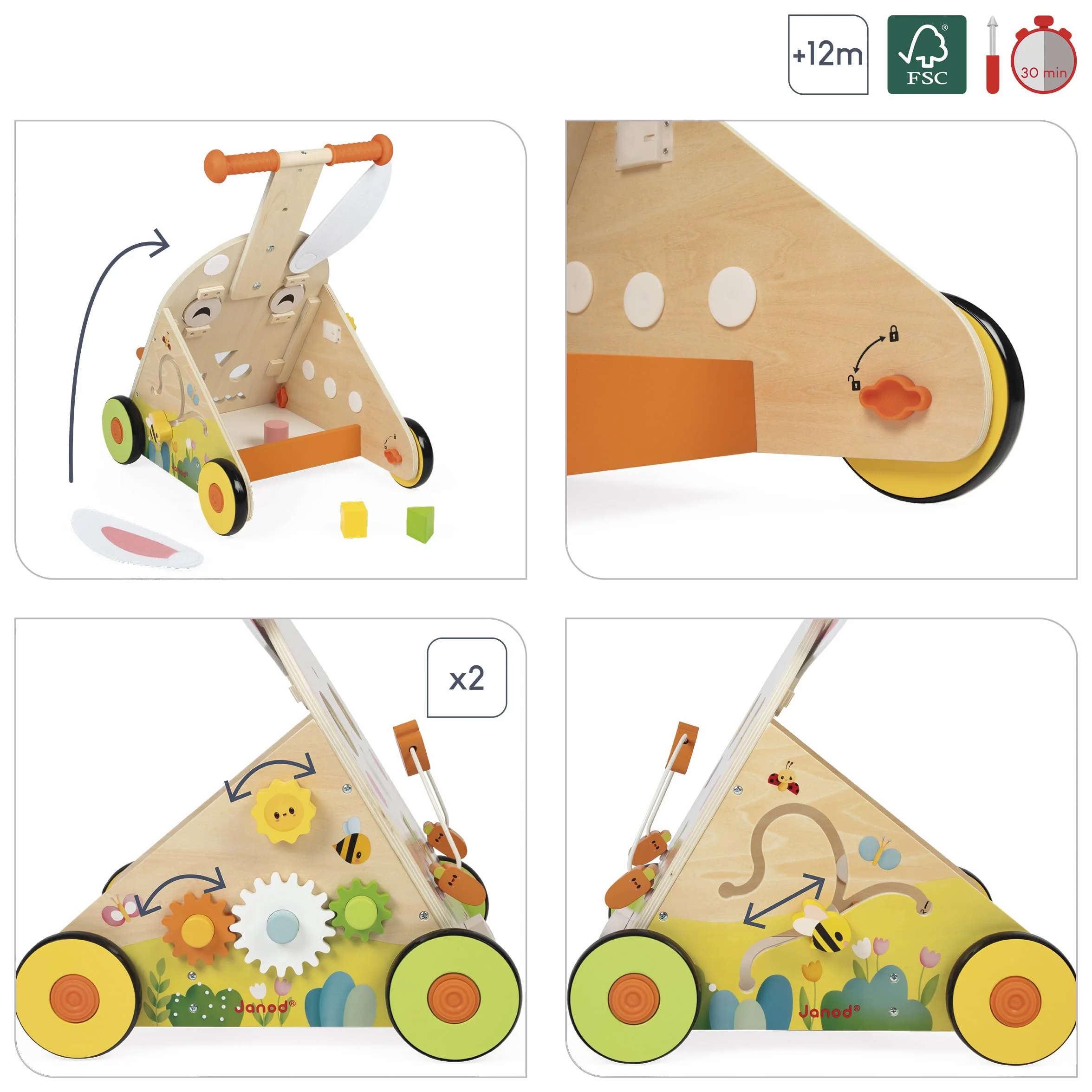 Janod - Farmowy wózek wielofunkcyjny - Drewniany wózek spacerowy - 9 czynności - opatentowany system hamulcowy i ciche koła - ewolucyjna zabawka dla dzieci - Od 12 miesięcy - J03326