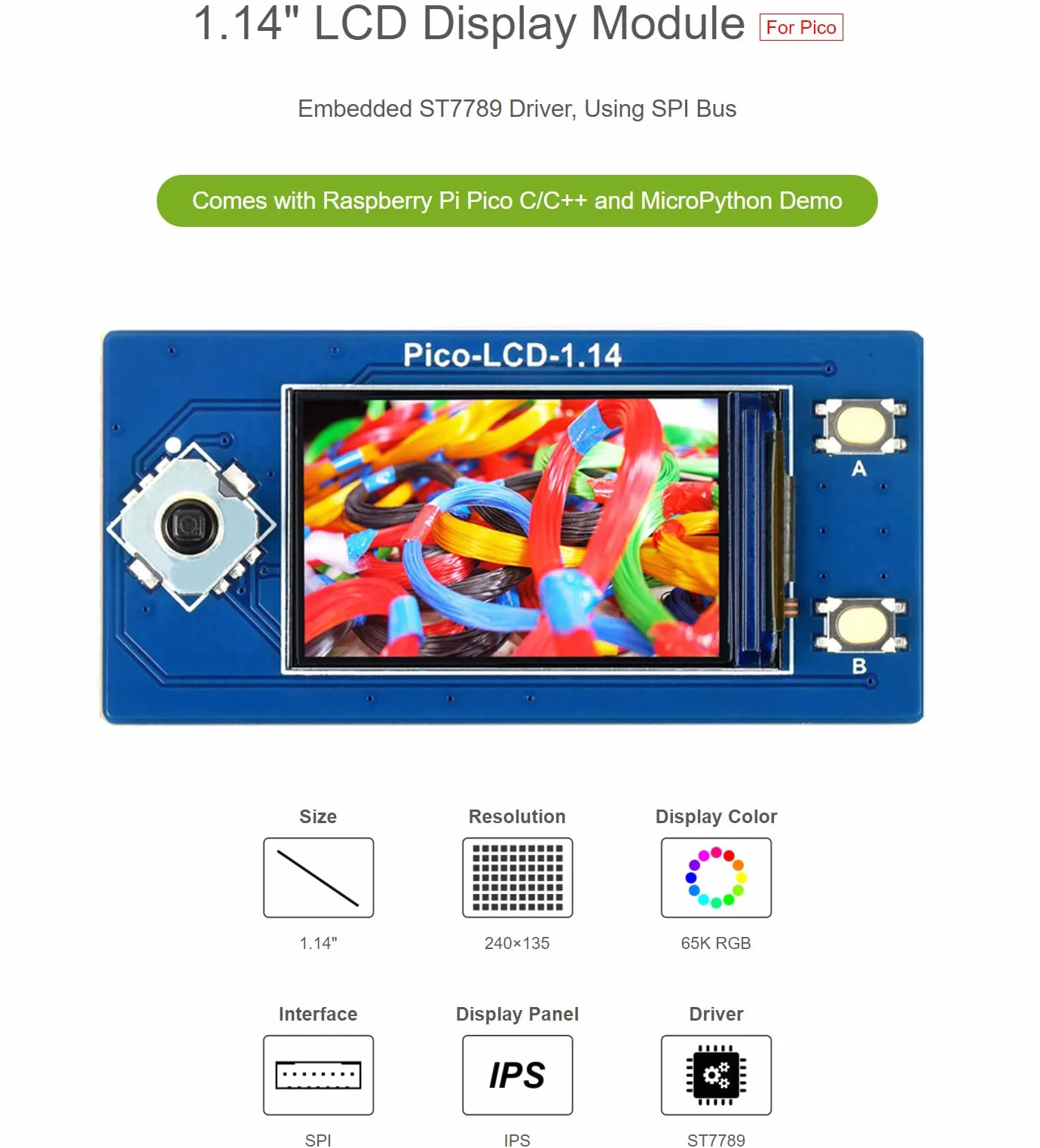 Waveshare 1.14inch LCD Display Module For Raspberry Pi Pico 65K RGB Colors 240×135 Pixels with SPI Interface Embedded ST7789 Driver Using SPI Bus IPS Screen