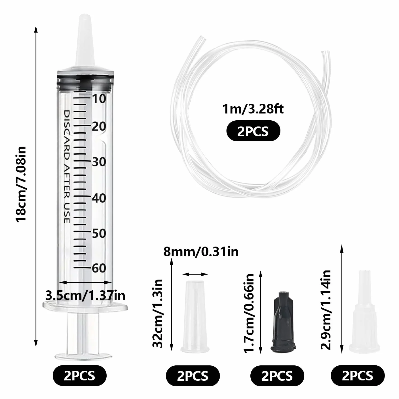 2 sztuki strzykawek 60 ml z wężykiem, 60 ml (50 ml) wielokrotnego użytku, strzykawka dozująca, pojedynczo pakowana, strzykawka bez igły do laboratoriów naukowych, nawadniania ogrodów, przemysłu
