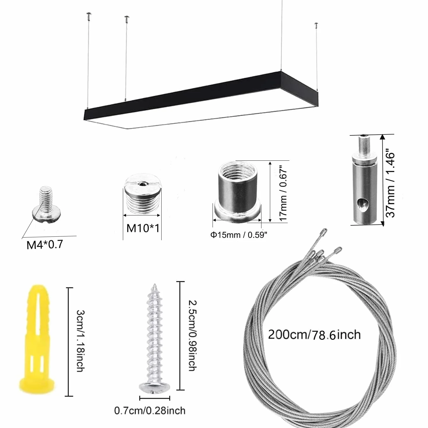 Regulowane zawieszenie lampy, 4 sztuki, 2 m, stal odporna na zużycie, linka stalowa z oczkami, uchwyt na linę drucianą, uniwersalny zestaw do zawieszania lamp, wieszaków, kaset reklamowych