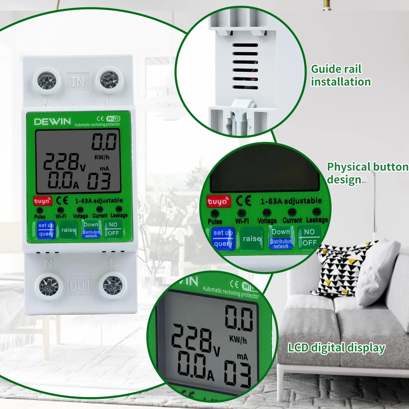 DEWIN inteligentny miernik, inteligentny miernik energii WiFi, licznik elektryczny, wyłącznik czasowy, wyłącznik z ochroną przed przepięciem i przepięciem 2P 63A AC 80-300V
