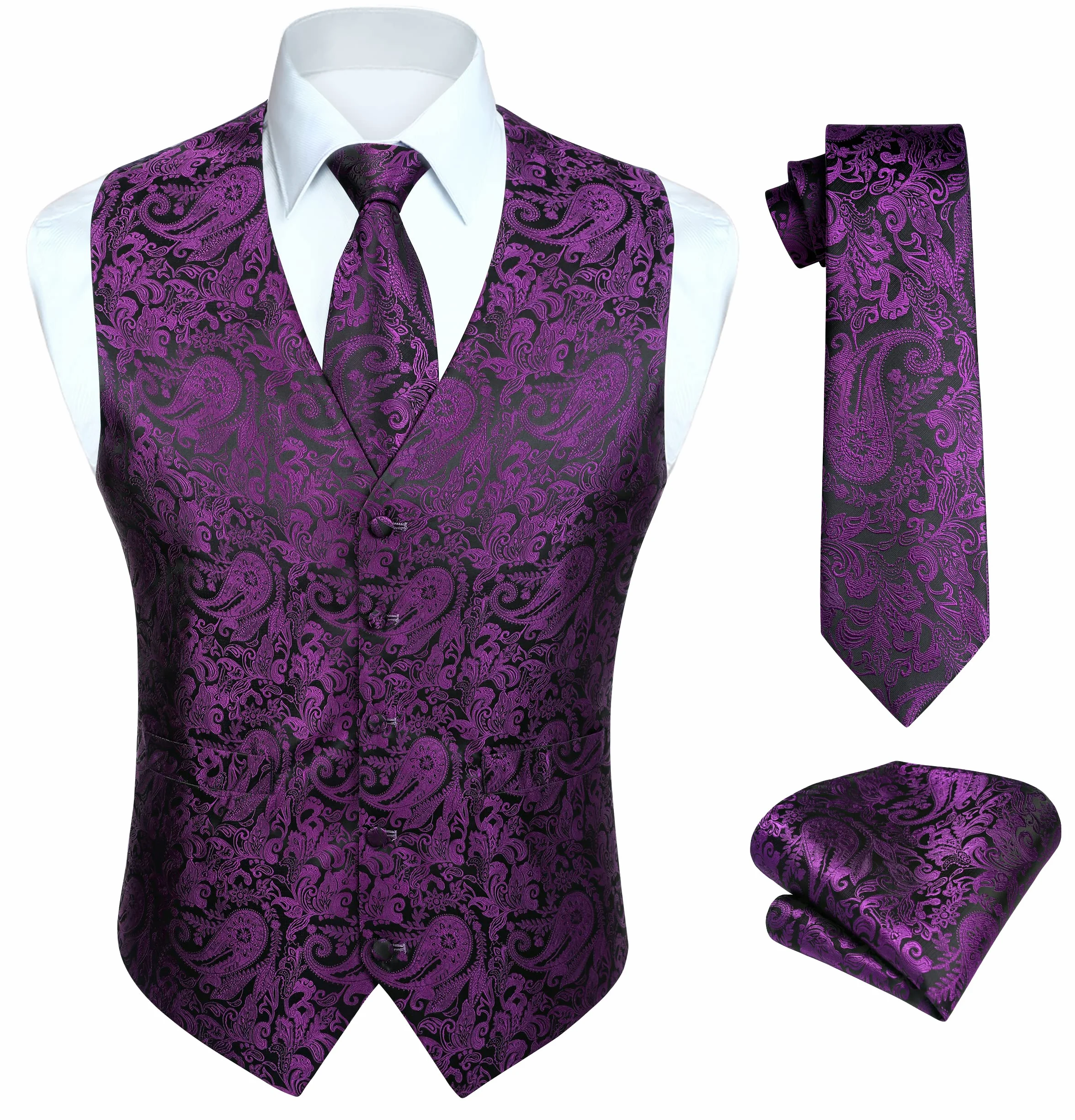 HISDERN Męska kamizelka paisley kwiecista żakardowa zestaw XS-6XL Fioletowy
