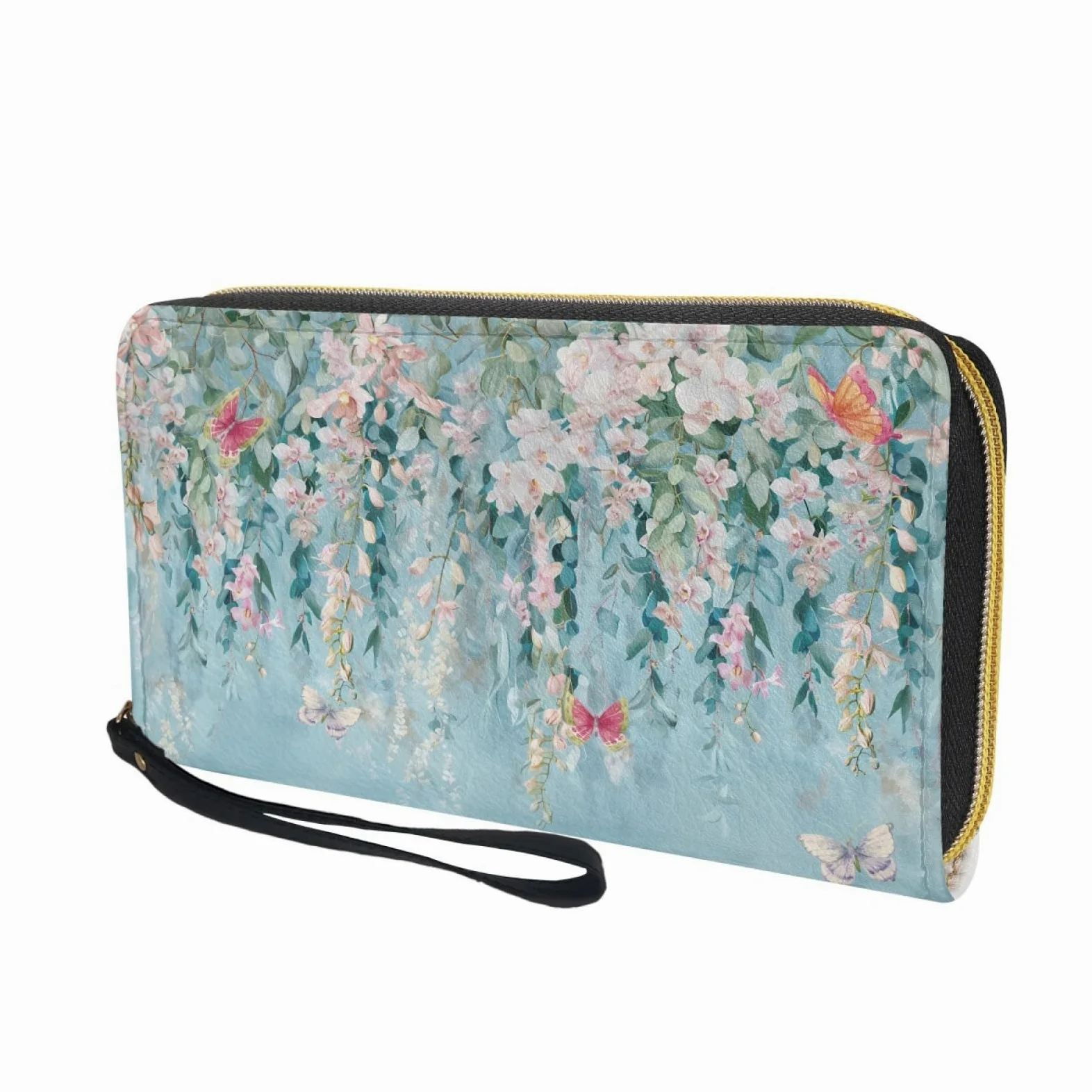 Portfel damski z portfelem na karty damskie, trwały, lekki i praktyczny portfel skórzany z kilkoma przegródkami i zapinanym na zamek etui na karty, Niebieski Kwiat Nieba, 11x20cm/3 Pièce, Nowoczesny