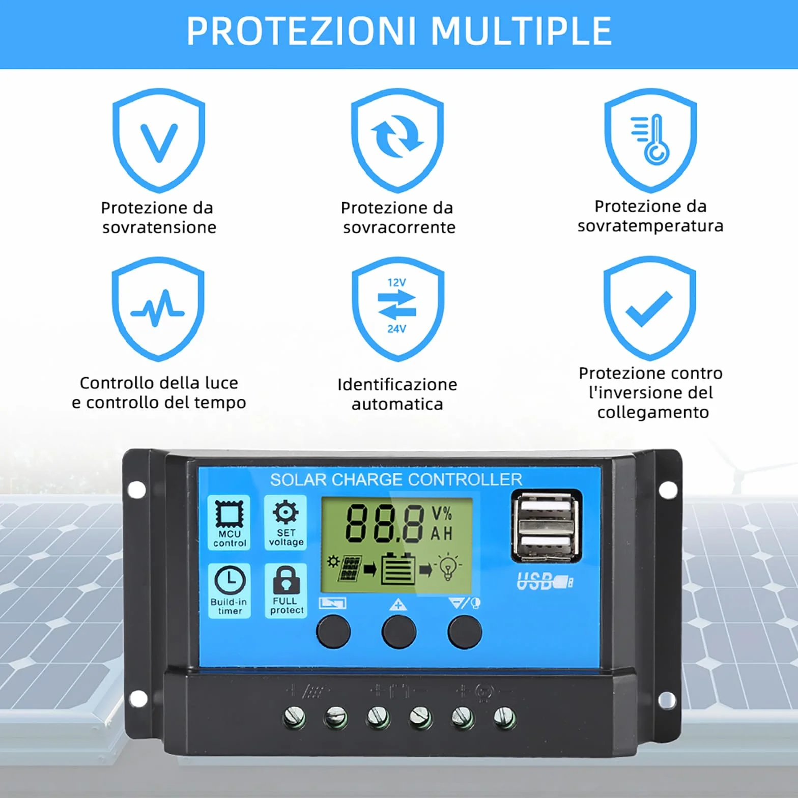 Anern Solarna ładowarka kontroler 30A Regulator ładowania solarnego , 12V/24V, ładowarka solarna, panel słoneczny, inteligentny regulator z portem Dual USB 5V, wyświetlacz LCD