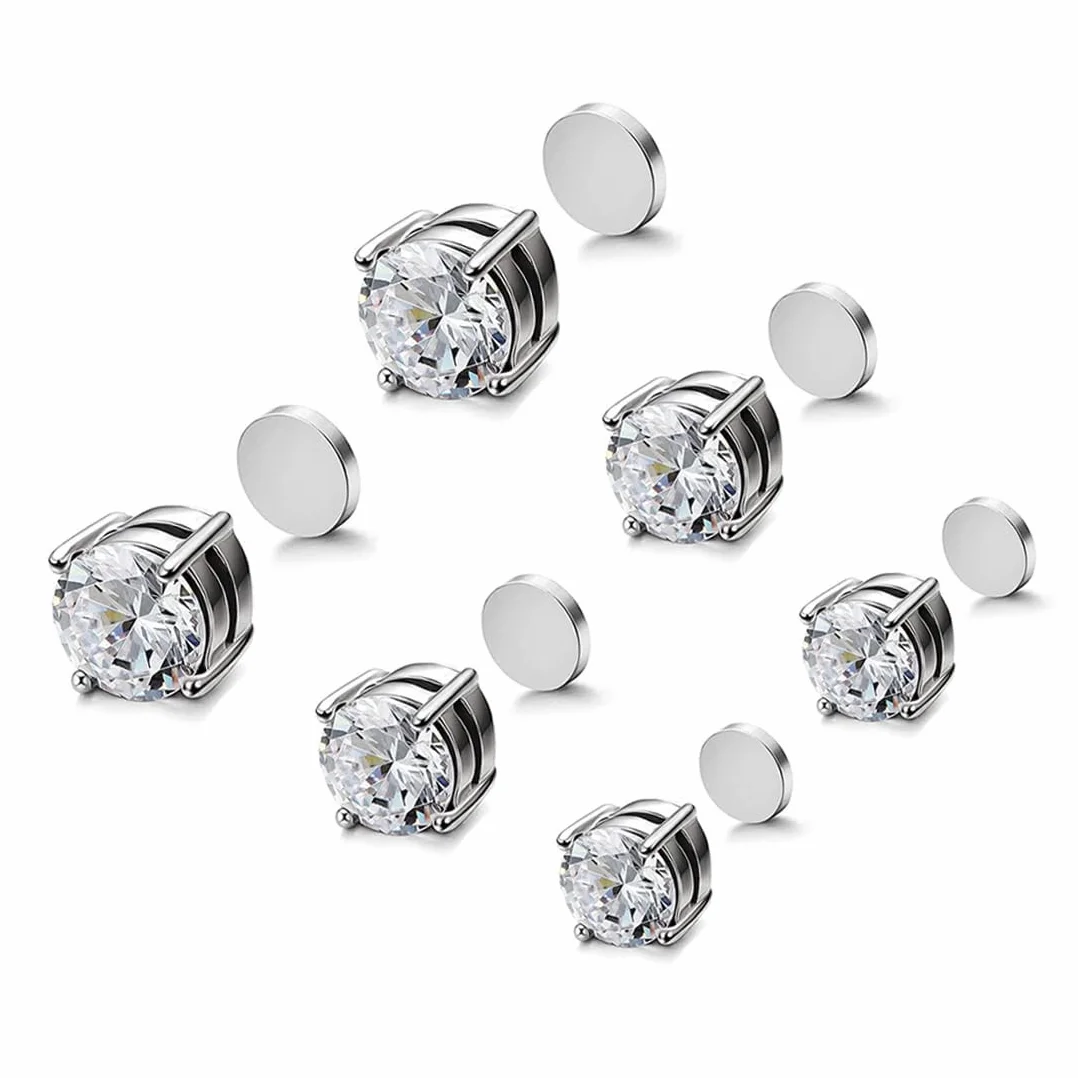 3 pary magnetycznych kolczyków ze stali nierdzewnej dla mężczyzn i kobiet unisex bez przekłuwania fałszywych magnesów zestaw kolczyków, 5/6/7 mm, srebrny, M, Stal nierdzewna