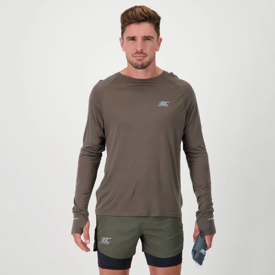 BODYCROSS męska wełniana koszulka do biegania Miky Khaki - Tencel - termoregulacja, lekkość, komfort, widoczność, przepustka kciuk