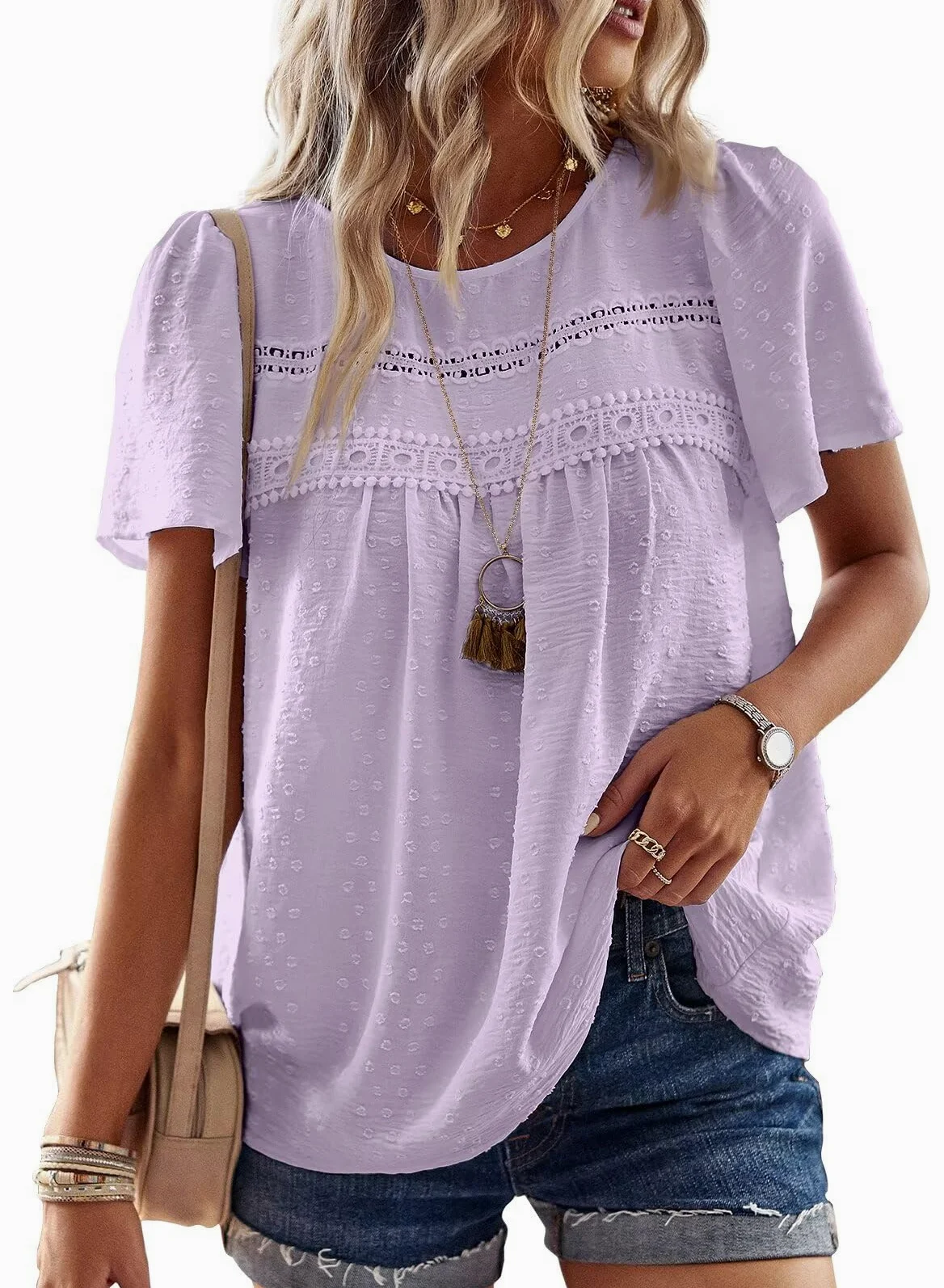 Top Damski Letni Bluzka Boho Z Krótkim Rękawem Elegancka Koszulka Z Okrągłym Dekoltem Swobodne Stroje Koronkowa Odzież