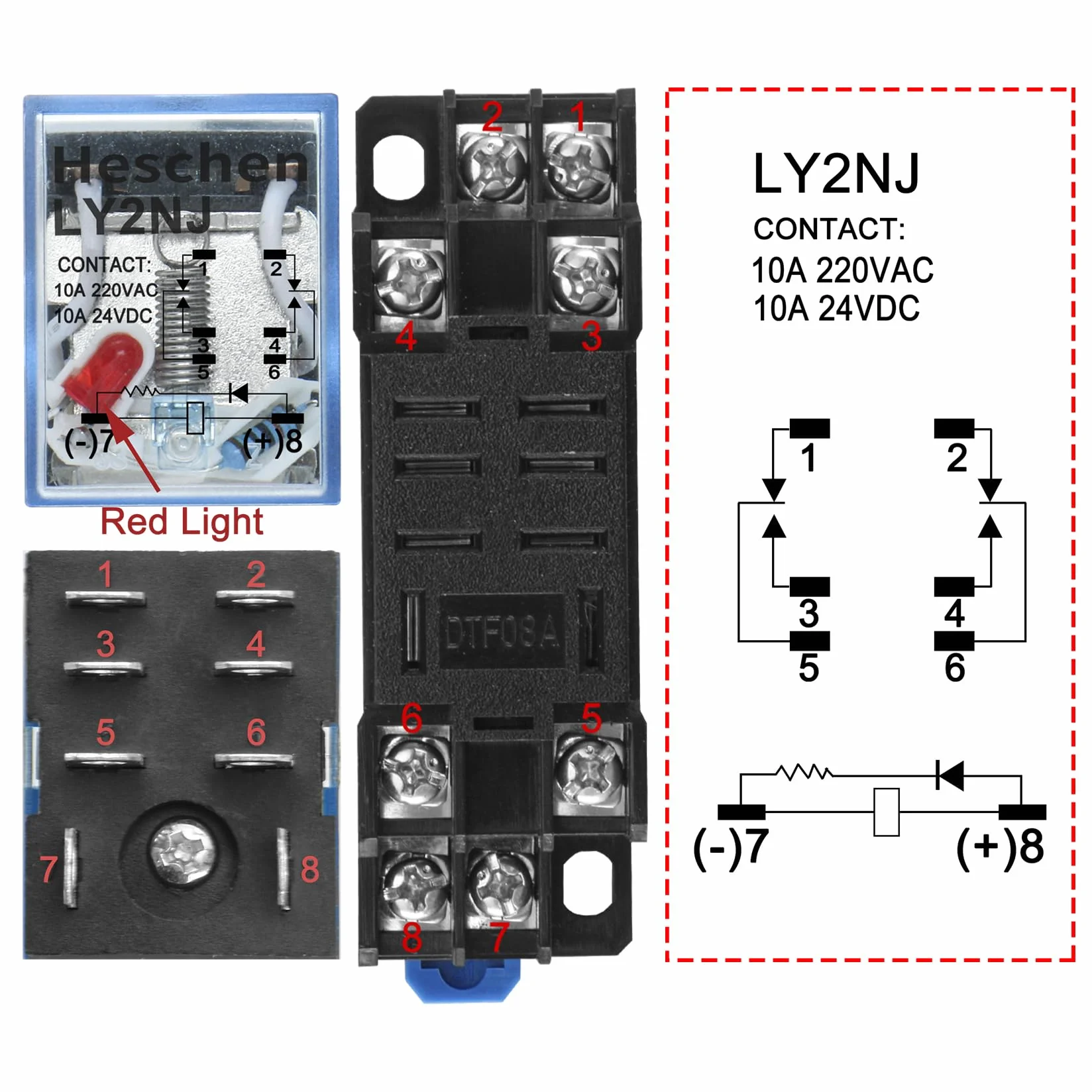 Heschen Przekaźnik uniwersalny LY2NJ, cewka 220 VAC, 10 A 24 VDC/220 VAC, DPDT, wyświetlacz LED, z podstawą cokołu