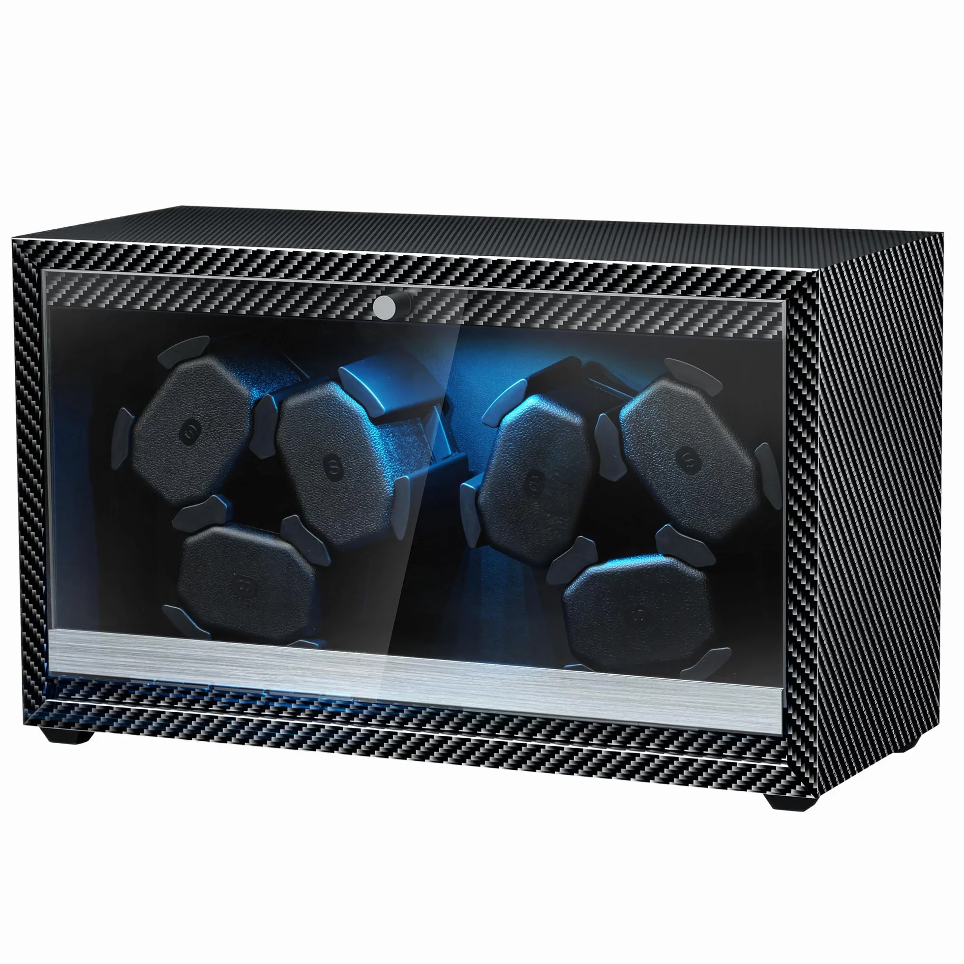 Mcbazel Automatyczny nawijacz do 6 zegarków ze światłem LED, ultra cichy silnik, 4 tryby rotacji, zasilanie USB DC, nadaje się do zegarków do 45 mm - wzór włókna węglowego