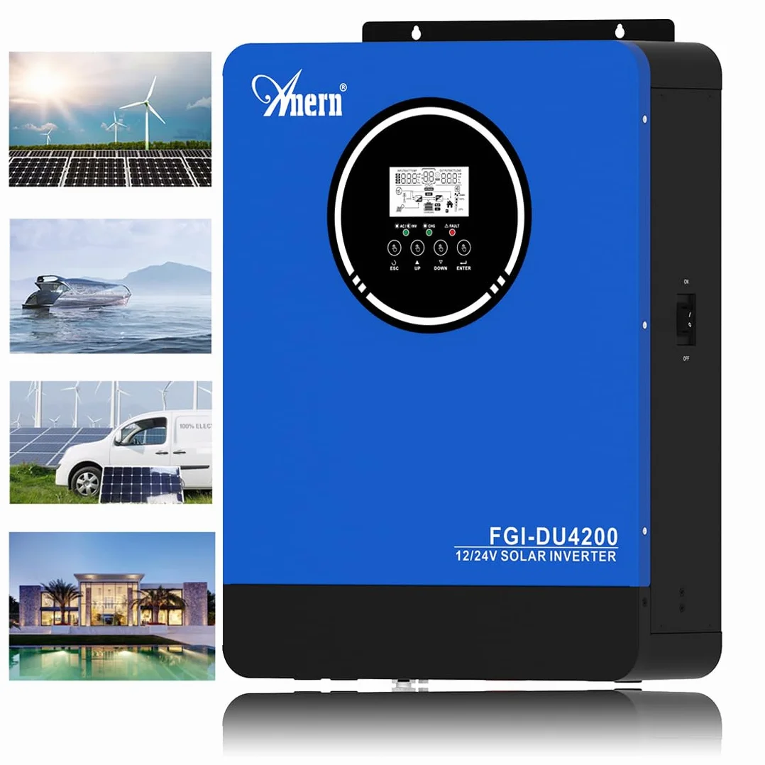 Anern Solarny Hybrydowy Falownik 2kw 4kw DC 12v/24v Do AC 220v/230v, PodwóJne NapięCie, Off-Grid Falownik Sinusoidalny Z łAdowarką SłOneczną 100 A Mppt,PV55V-500VDC, Komunikacja Bms Z Baterią
