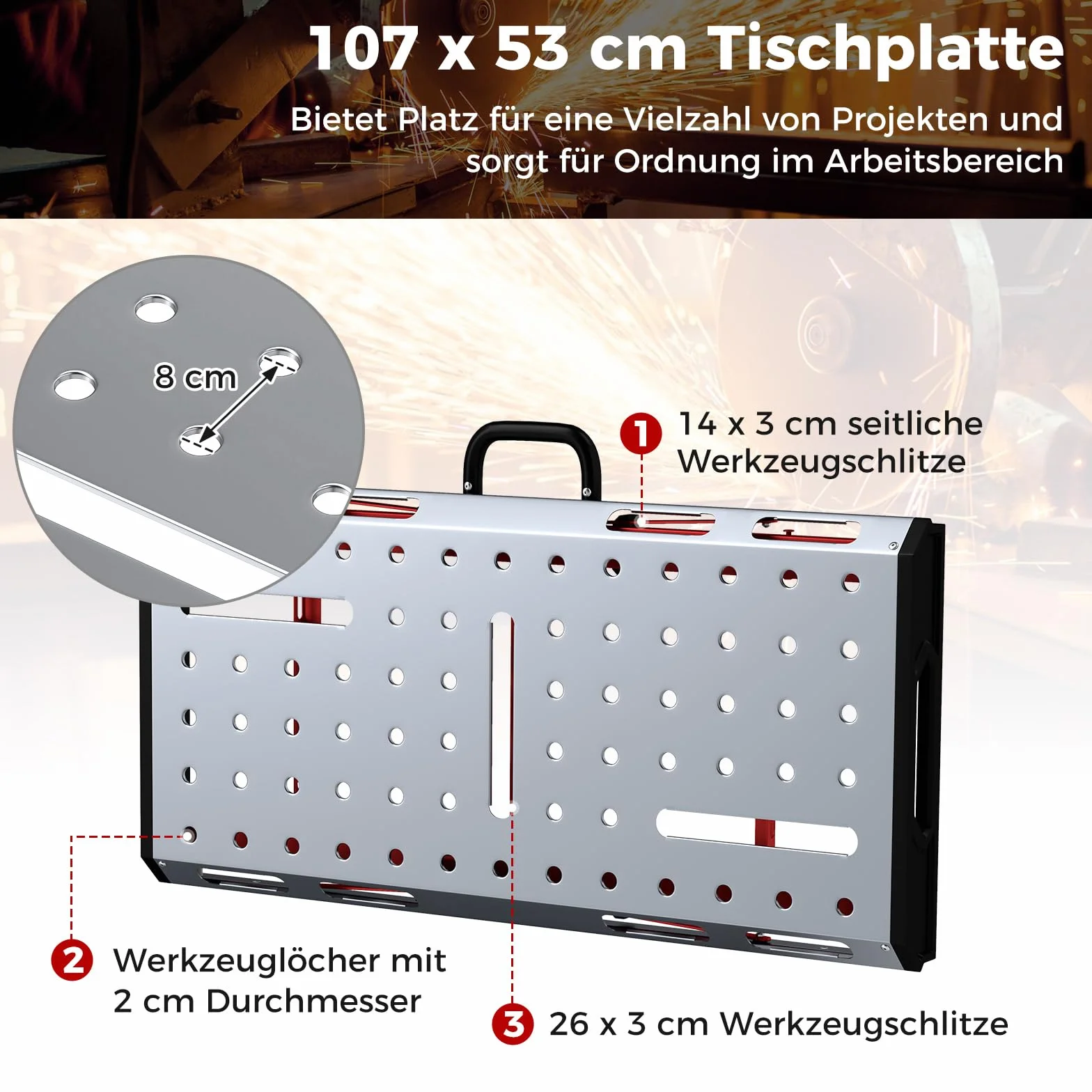 COSTWAY stół warsztatowy składany, stół roboczy z regulacją wysokości 107 x 53 cm z udźwigiem 450 kg, stół spawalniczy warsztatowy z 2 uchwytami zaciskowymi i uchwytem transportowym, stół narzędziowy