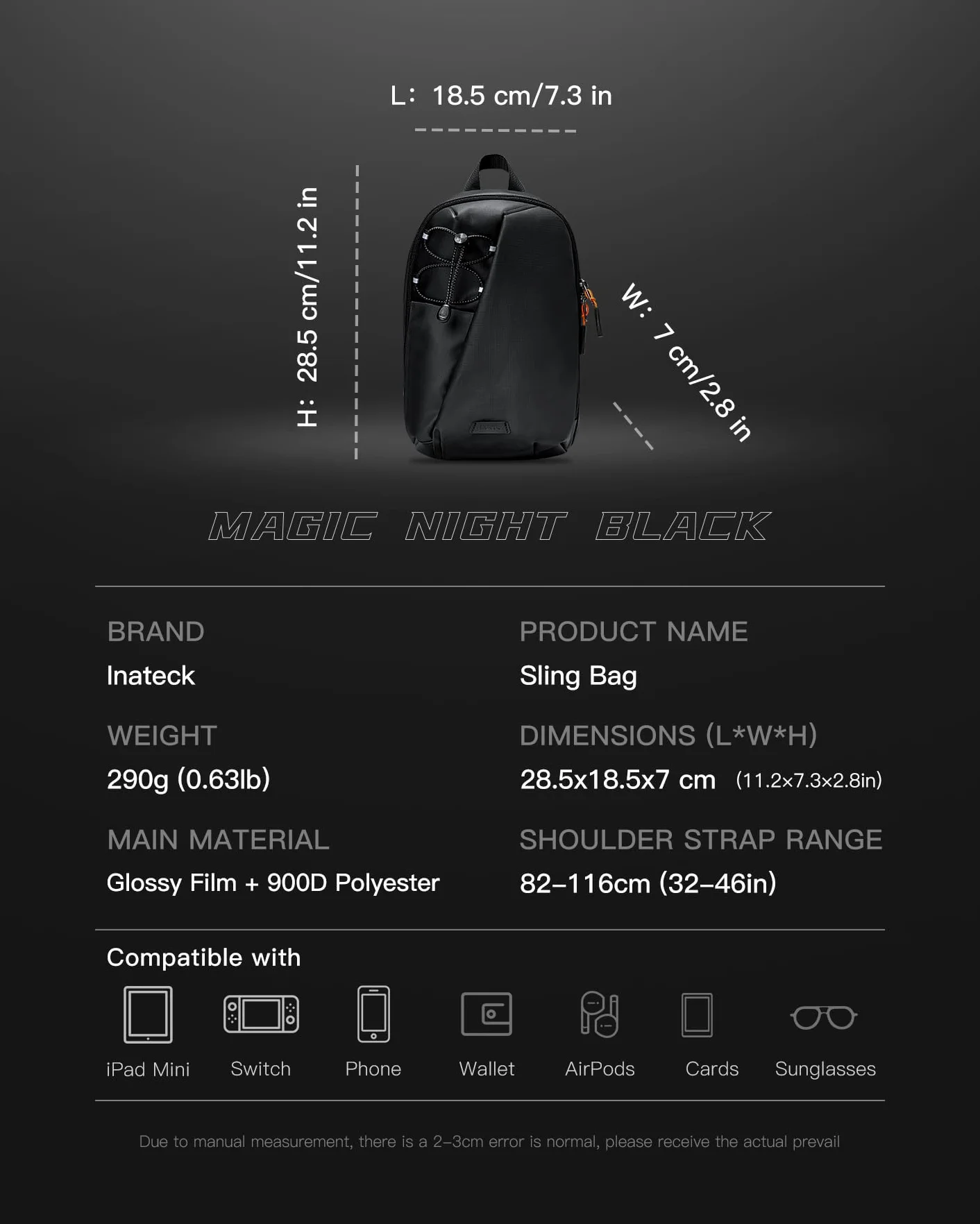 Inateck Sling Bag X-Row, lekka męska torba na ramię, odporna na zachlapanie wodą, torba na klatkę piersiową, na wędrówki, podróże, spacery, czarny, 18.5 x 7 x 28.5 cm, Minimalistyczny