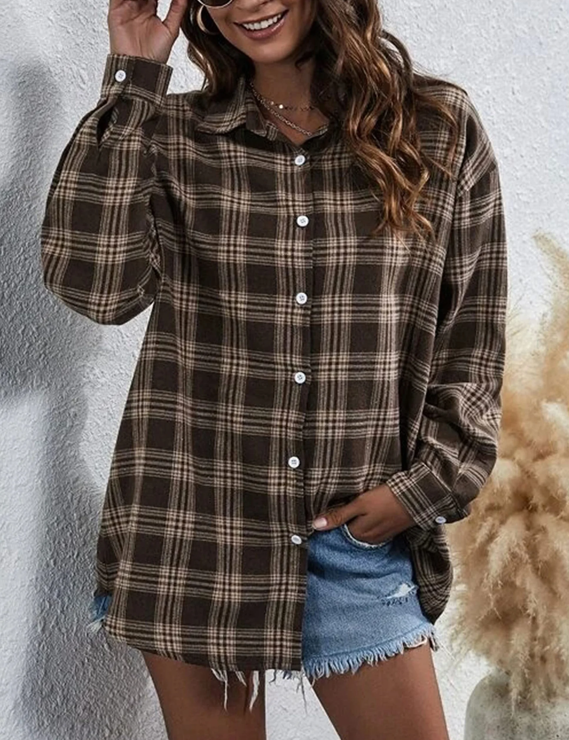 Koszula flanelowa w kratę dla kobiet oversize z długim rękawem zapinana na guziki