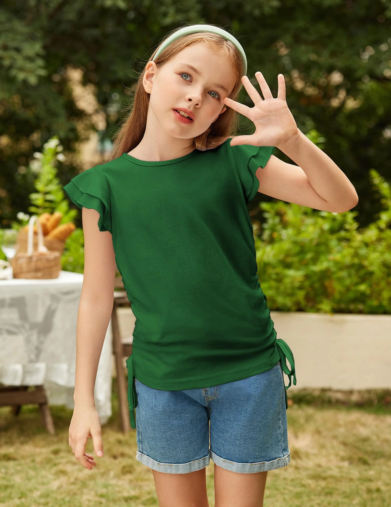 Arshiner Dziewczęcy T-shirt z falbankami, dziecięcy t-shirt z okrągłym dekoltem, luźny top, odzież dziecięca ze sznurkiem ściągającym, 5-12 lat