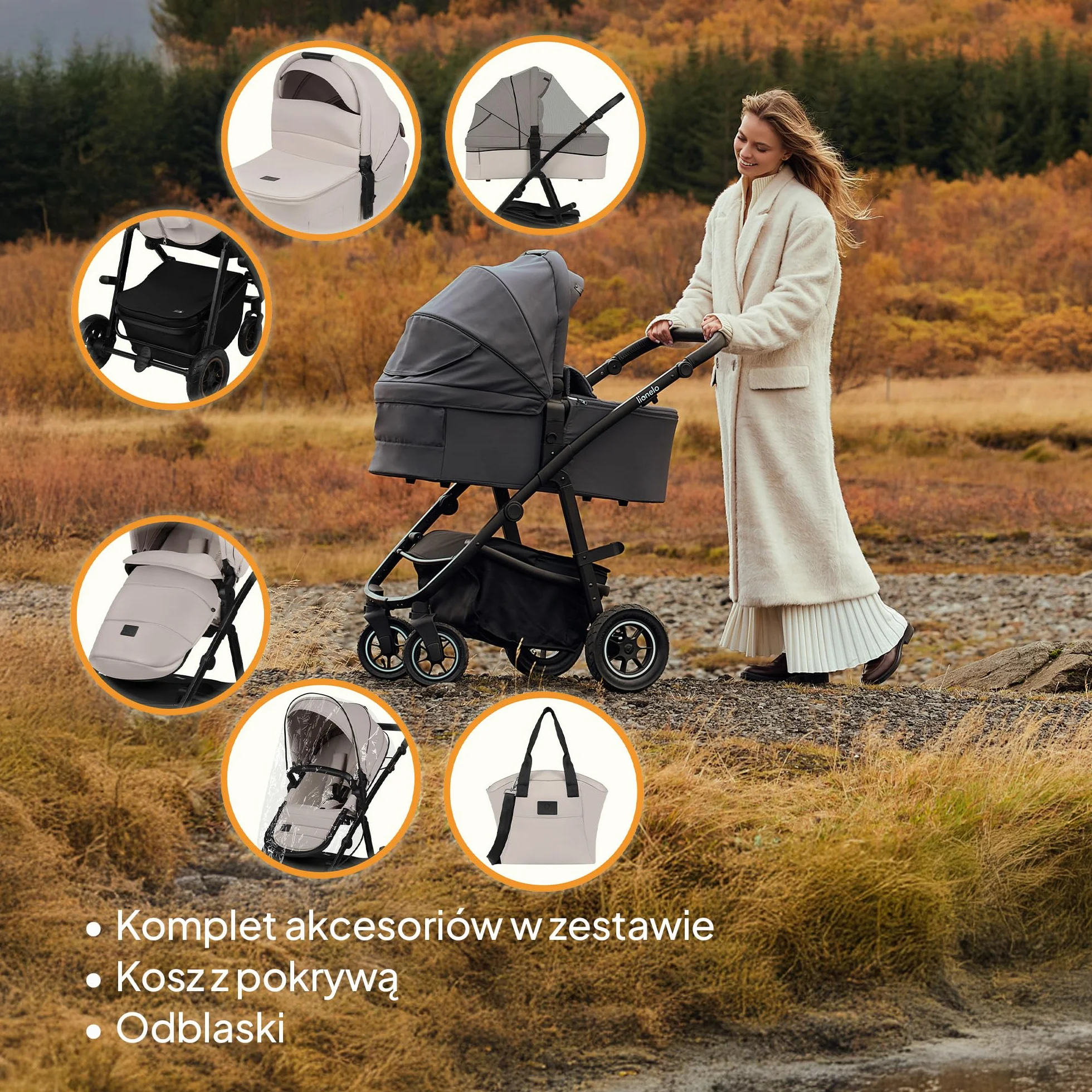 LIONELO AMBER PLUS 3 w 1 Wielofunkcyjny Wózek Dziecięcy od 0 do 4 lat do 22kg z Gondolą XL, Fotelik Samochodowy do 13 kg, Regulacja Oparcia, Duże Terenowe Koła 360o Budka XXL