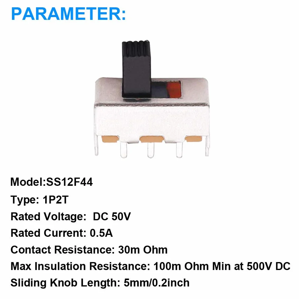 20 sztuk mini pionowych przełączników przesuwnych 1P2T SPDT 3 piny 2 pozycje DC50V 0,5A SS12F44 przełącznik z 20 sztukami 3 mm mini panel przełącznik przesuwny wł./wył. SK12D07VG3 przełącznik