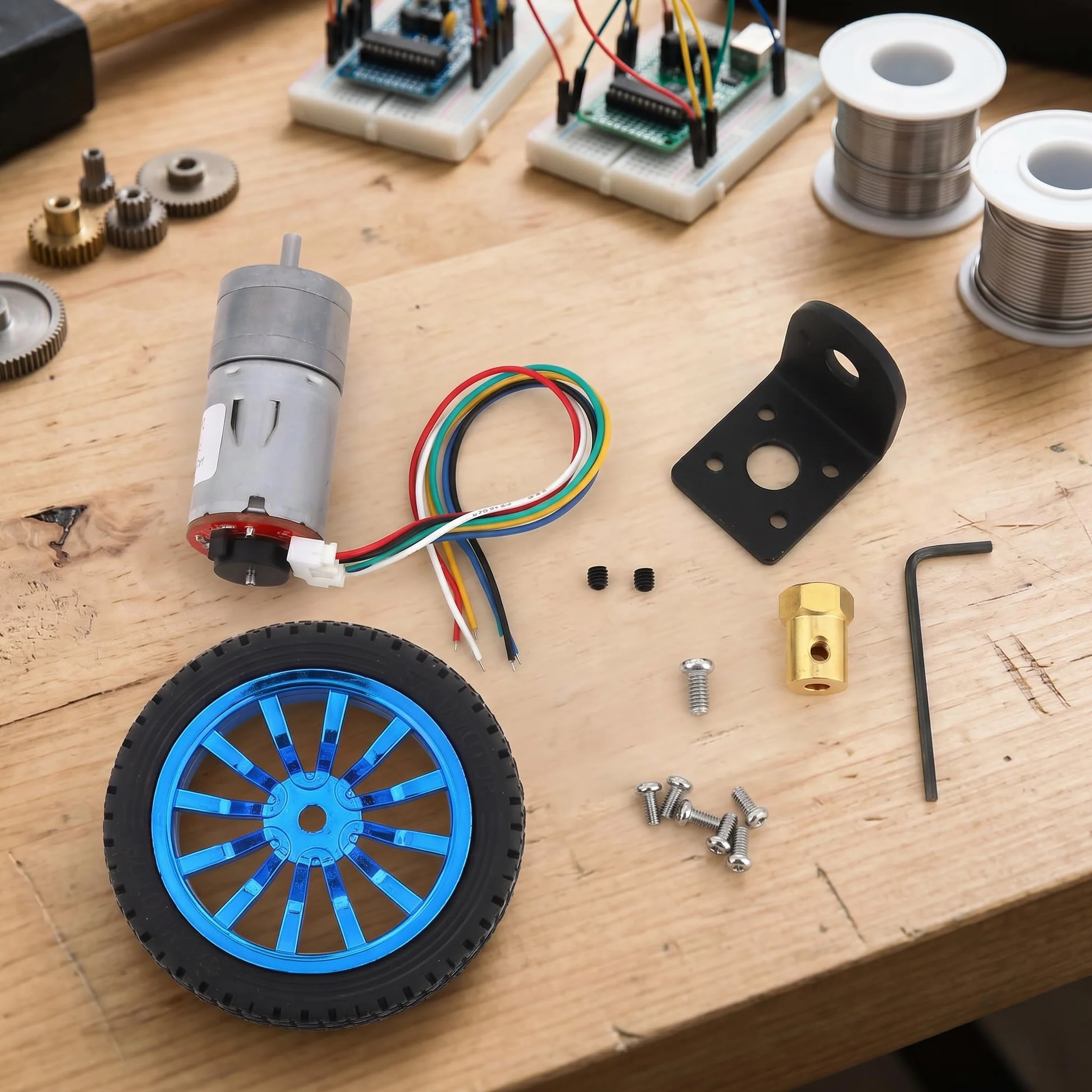 Silnik DC 12V z Przekładnią i Enkoderem, Zestaw Kół do DIY, Metalowy Silnik Redukcyjny 60 Obr./Min, Idealny dla Modelu Robota lub Samochodu Inteligentnego – 65 mm ze Wspornikiem