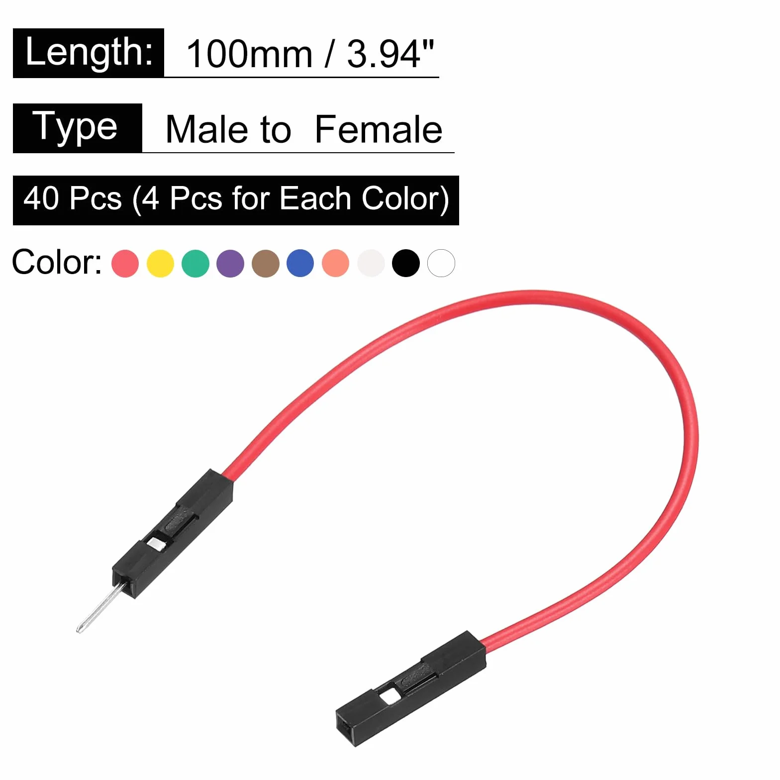 QUARKZMAN 1-biegunowy przewód mostkowy do płytek wtykowych, wtyczka na gniazdo, wymiar rastra 2,54 mm, kabel płaski, długość 10 cm, elektroniczny kabel taśmowy do elektroniki, 40 sztuk